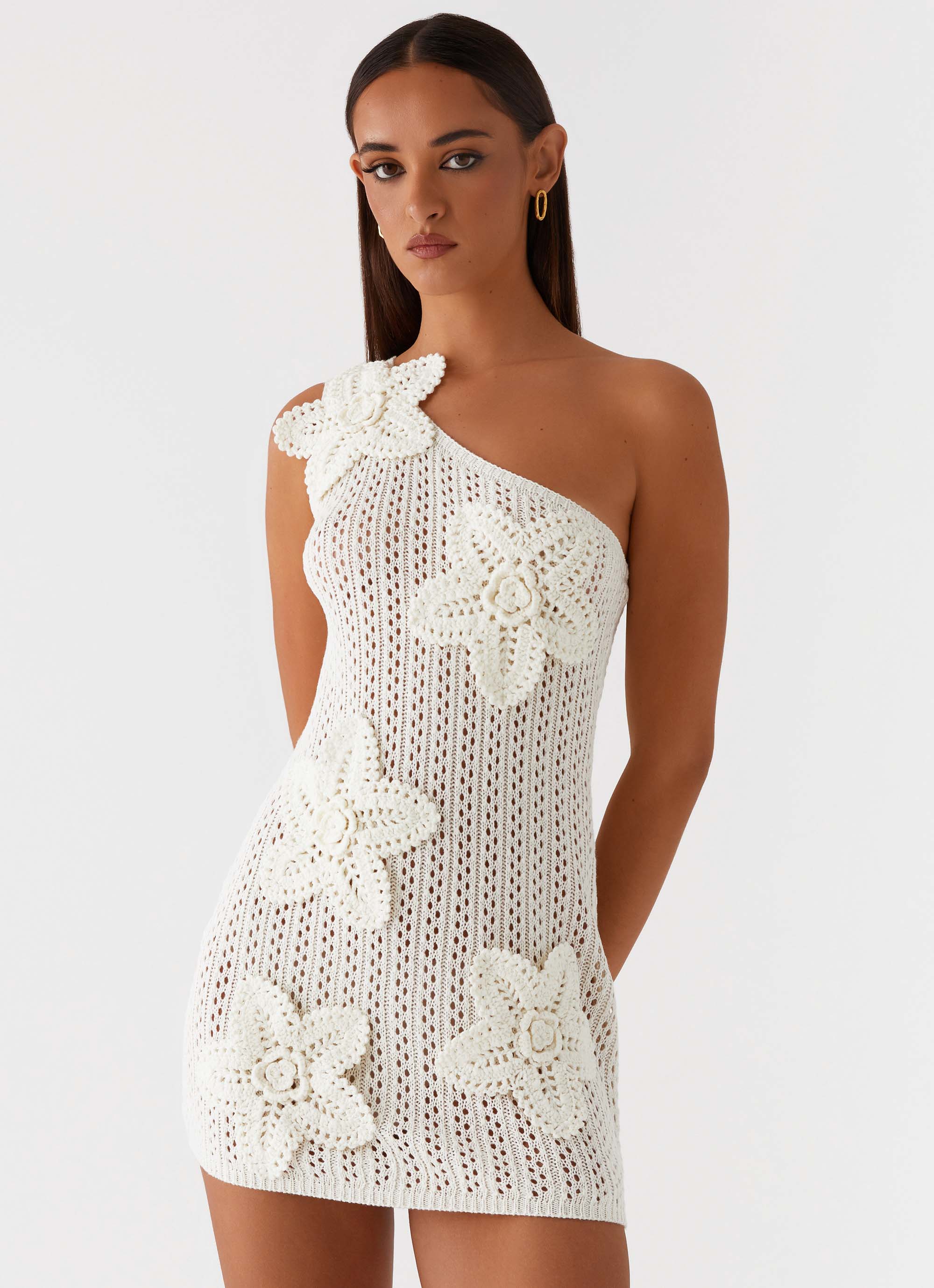 Afterglow One Shoulder Crochet Mini Dress - Ivory Afterglow One Shoulder Crochet Mini Dress - Ivory