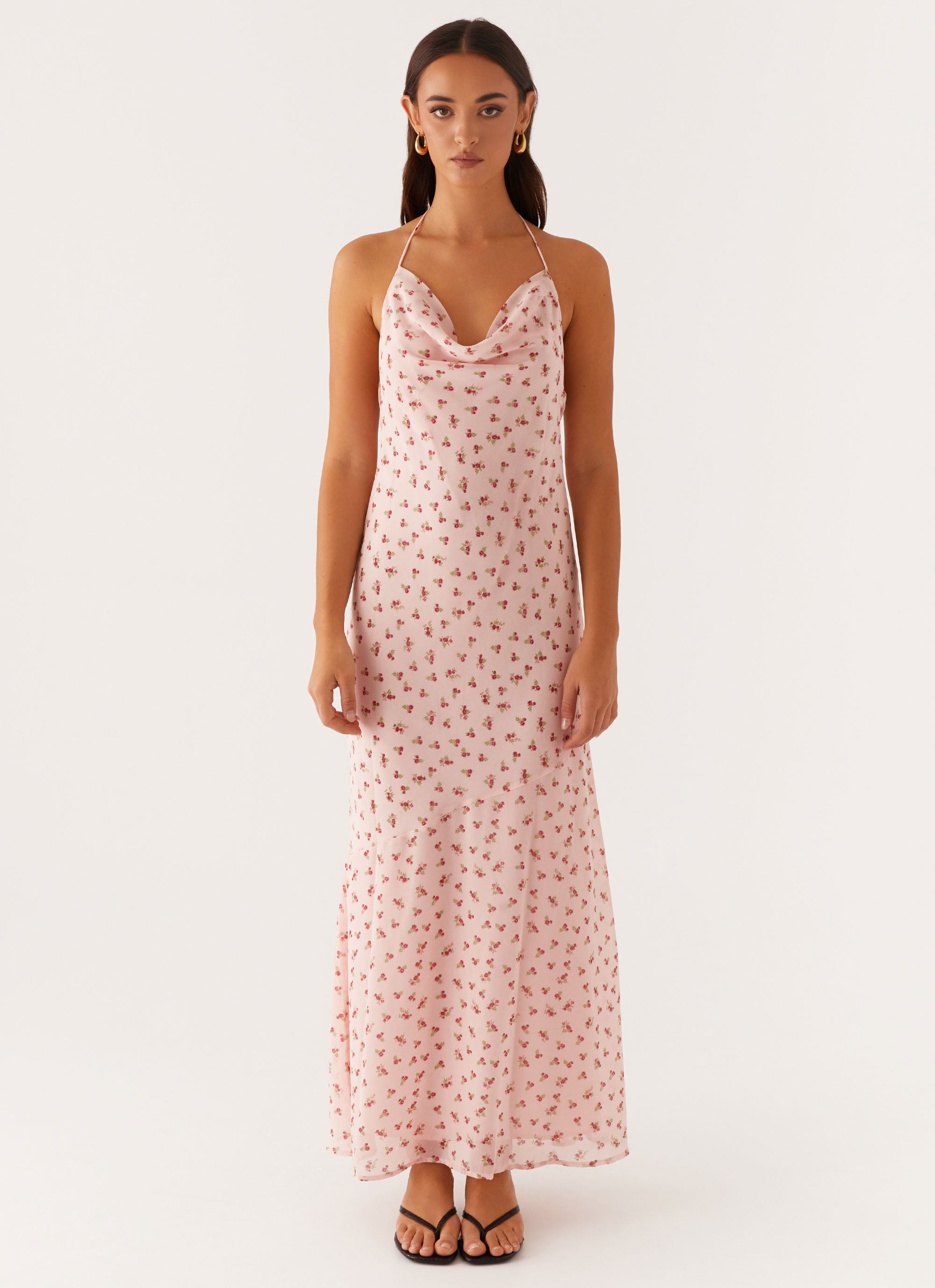 chinese dress ladies Silky Floral Cowl Neck Maxi Dress