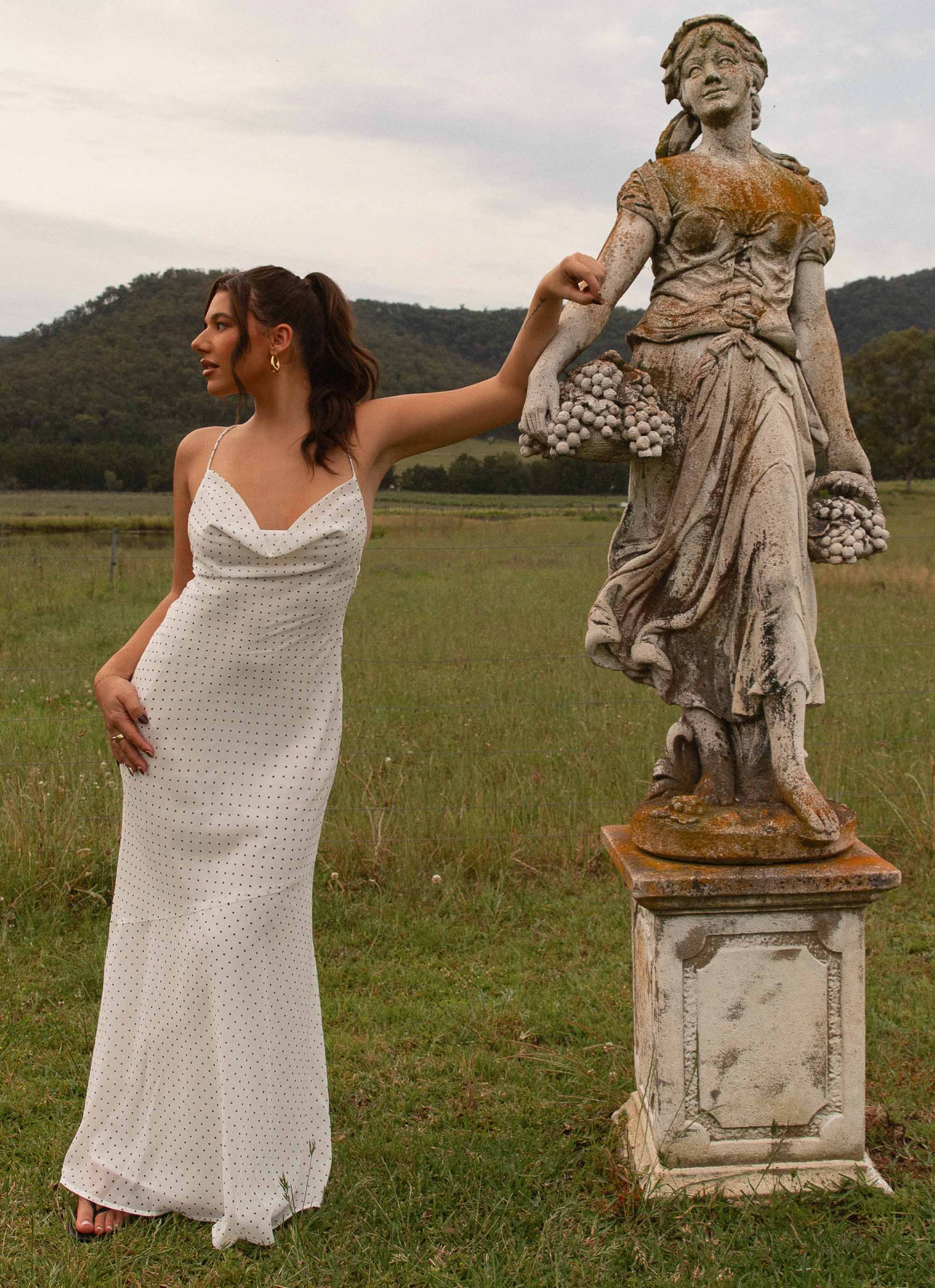 Alianna Cowl Neck Mesh Maxi Dress White Polka Dot