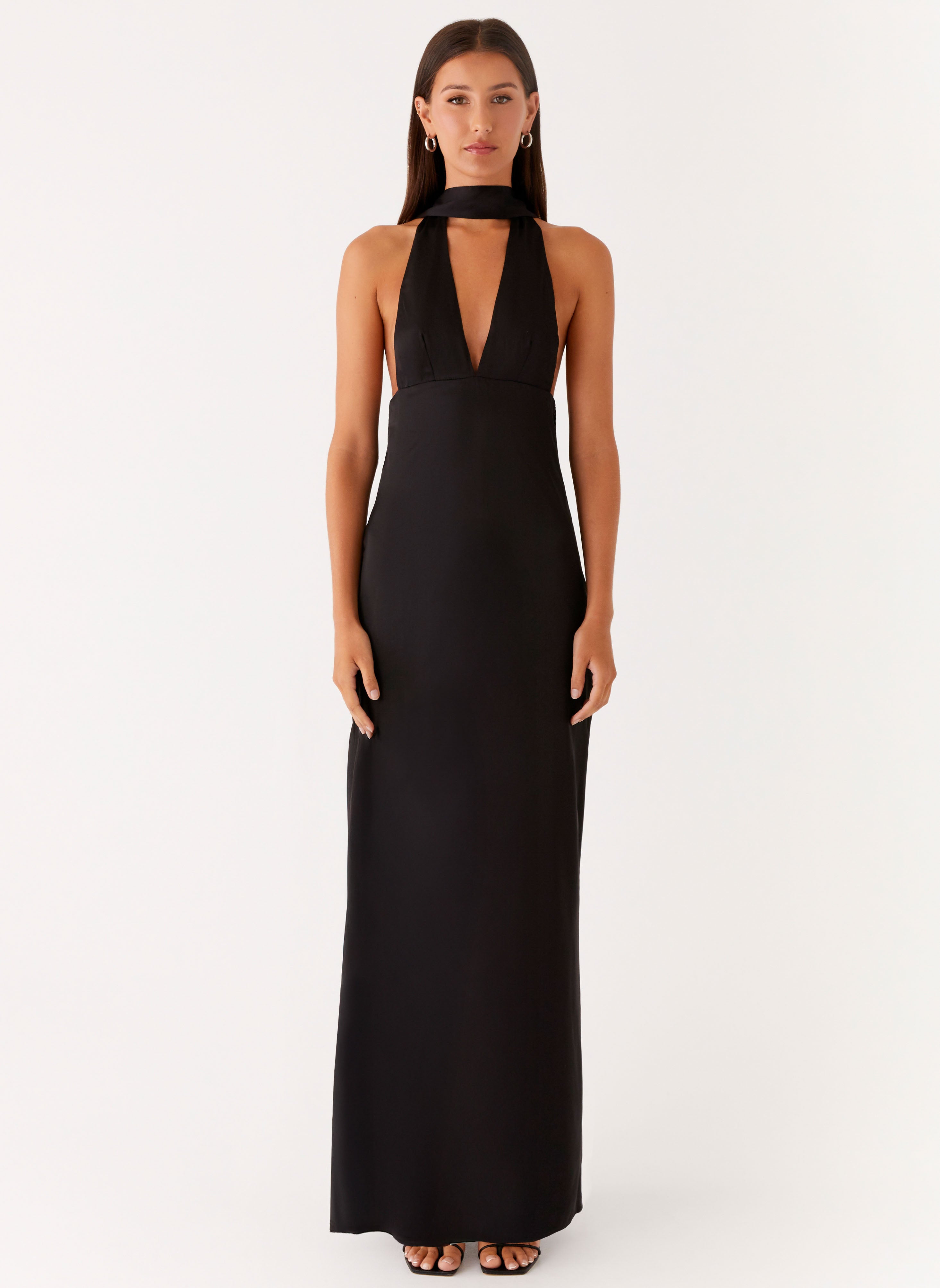 Alicia Satin Halter Maxi Dress - Black Peppermayo US Alicia Satin Halter Maxi Dress - Black Peppermayo US