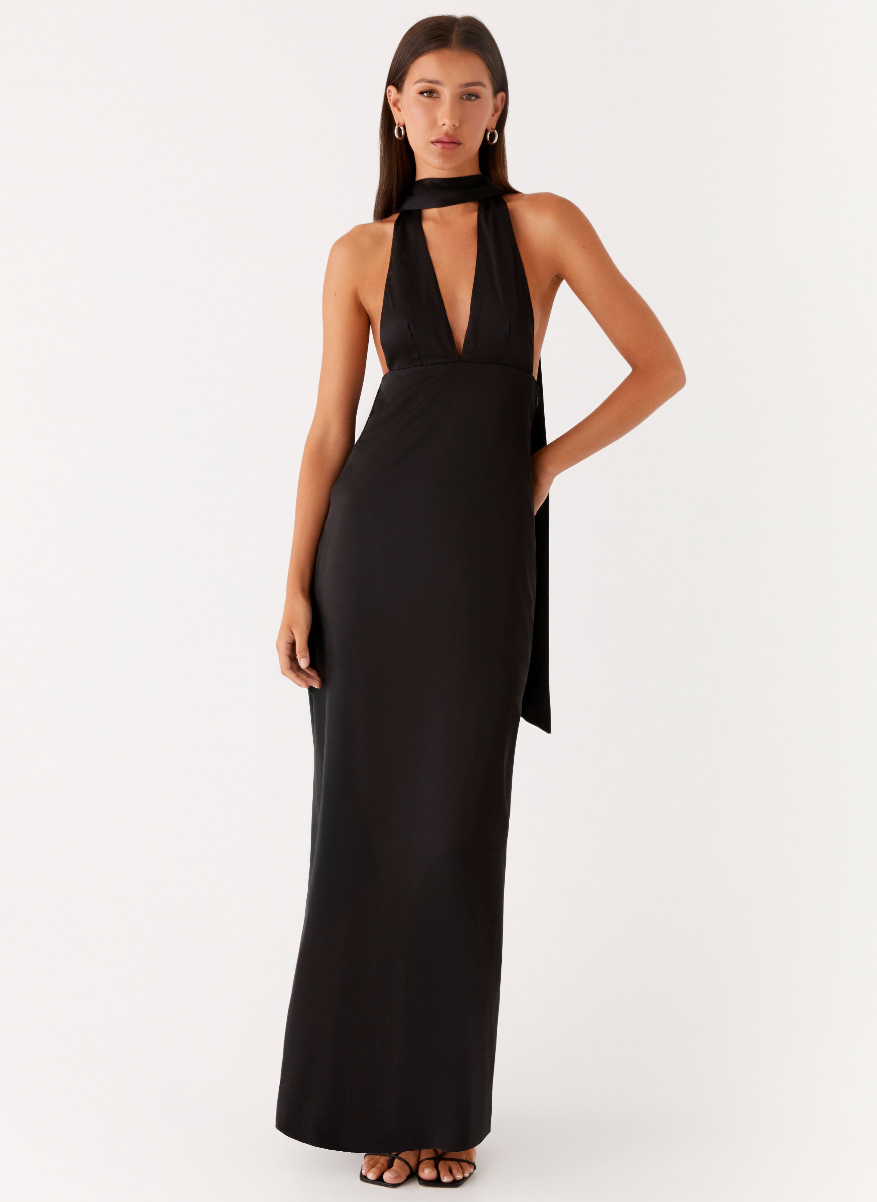 Alicia Satin Halter Maxi Dress - Black Peppermayo US Alicia Satin Halter Maxi Dress - Black Peppermayo US