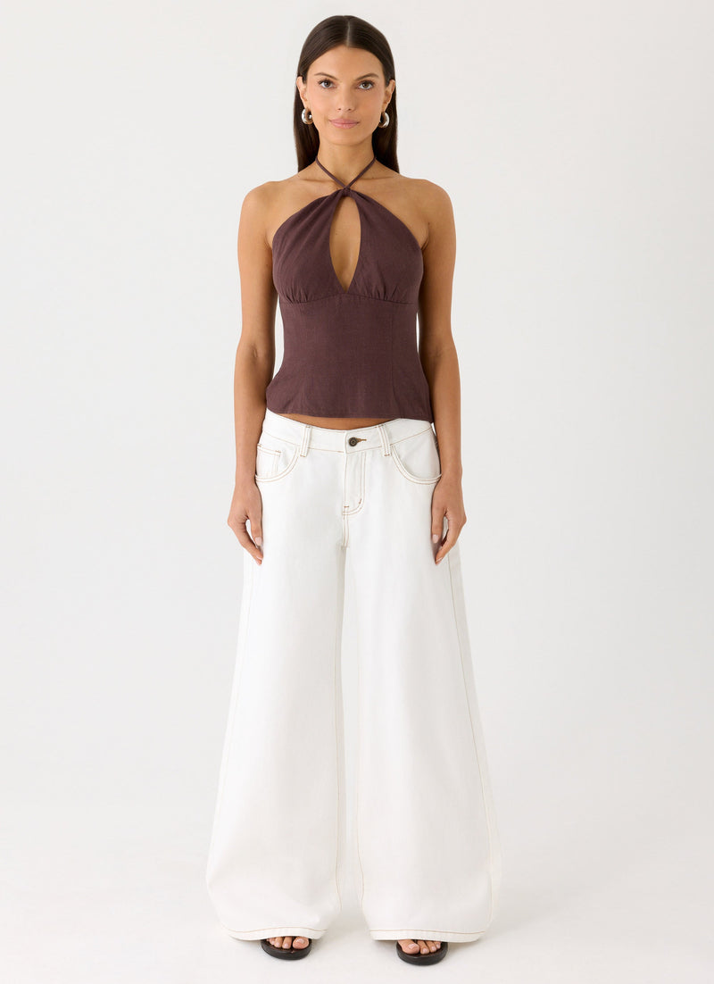 Allira Linen Halter Top - Chocolate Drizzle