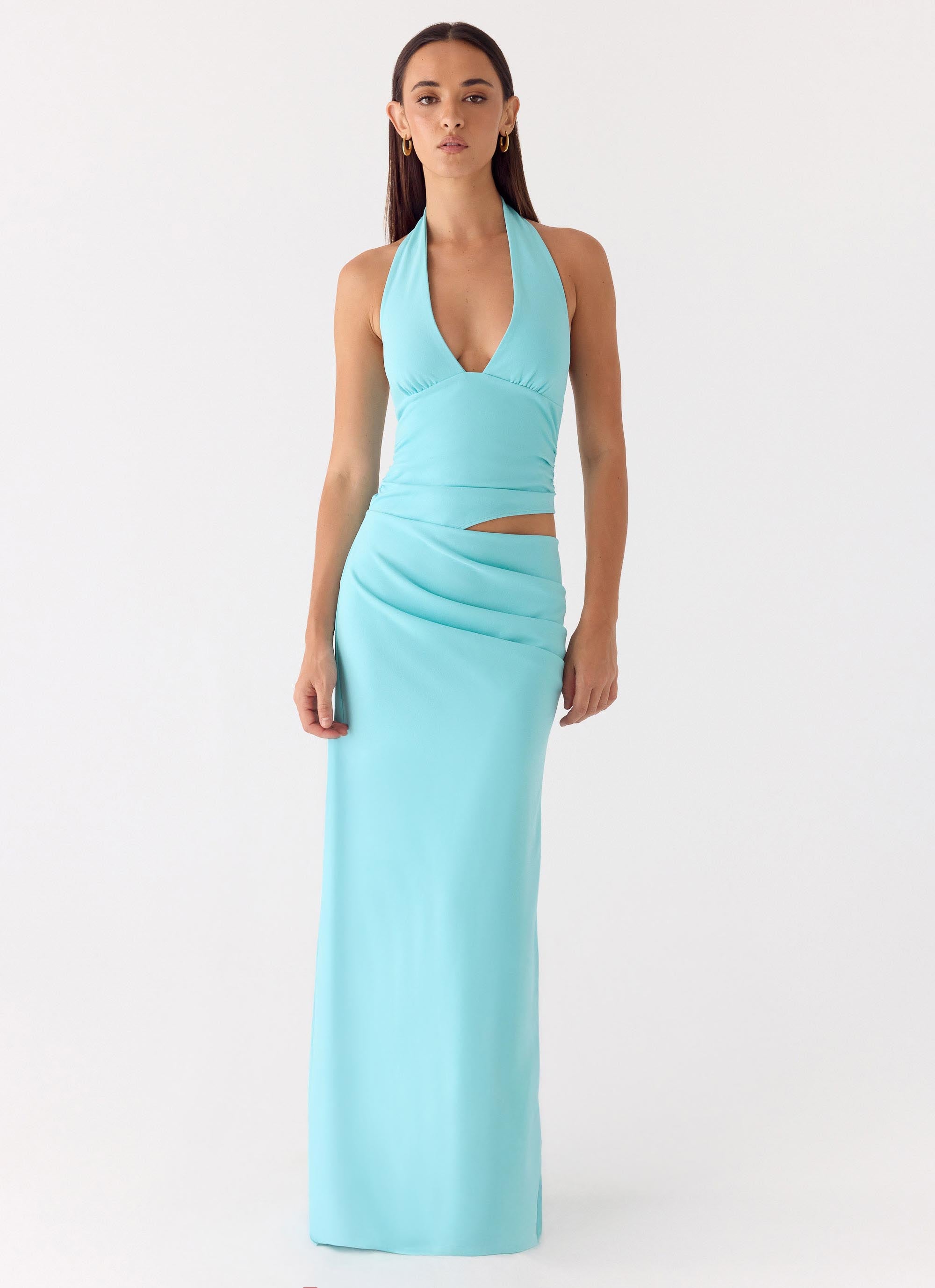 aqua mesh mock neck maxi dress Scoop Back Mesh Maxi Dress