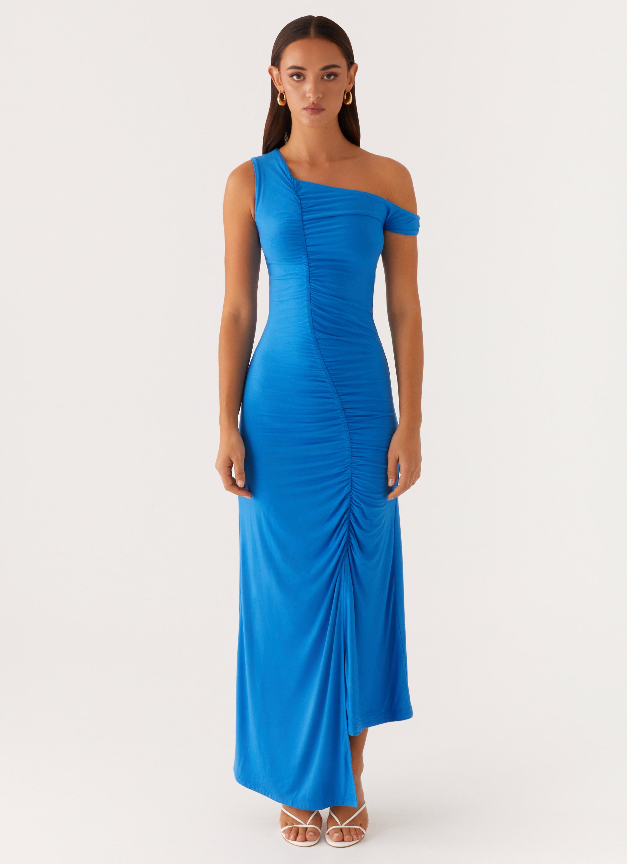 Anaya Ruched Asymmetrical Maxi Dress - Azure Anaya Ruched Asymmetrical Maxi Dress - Azure