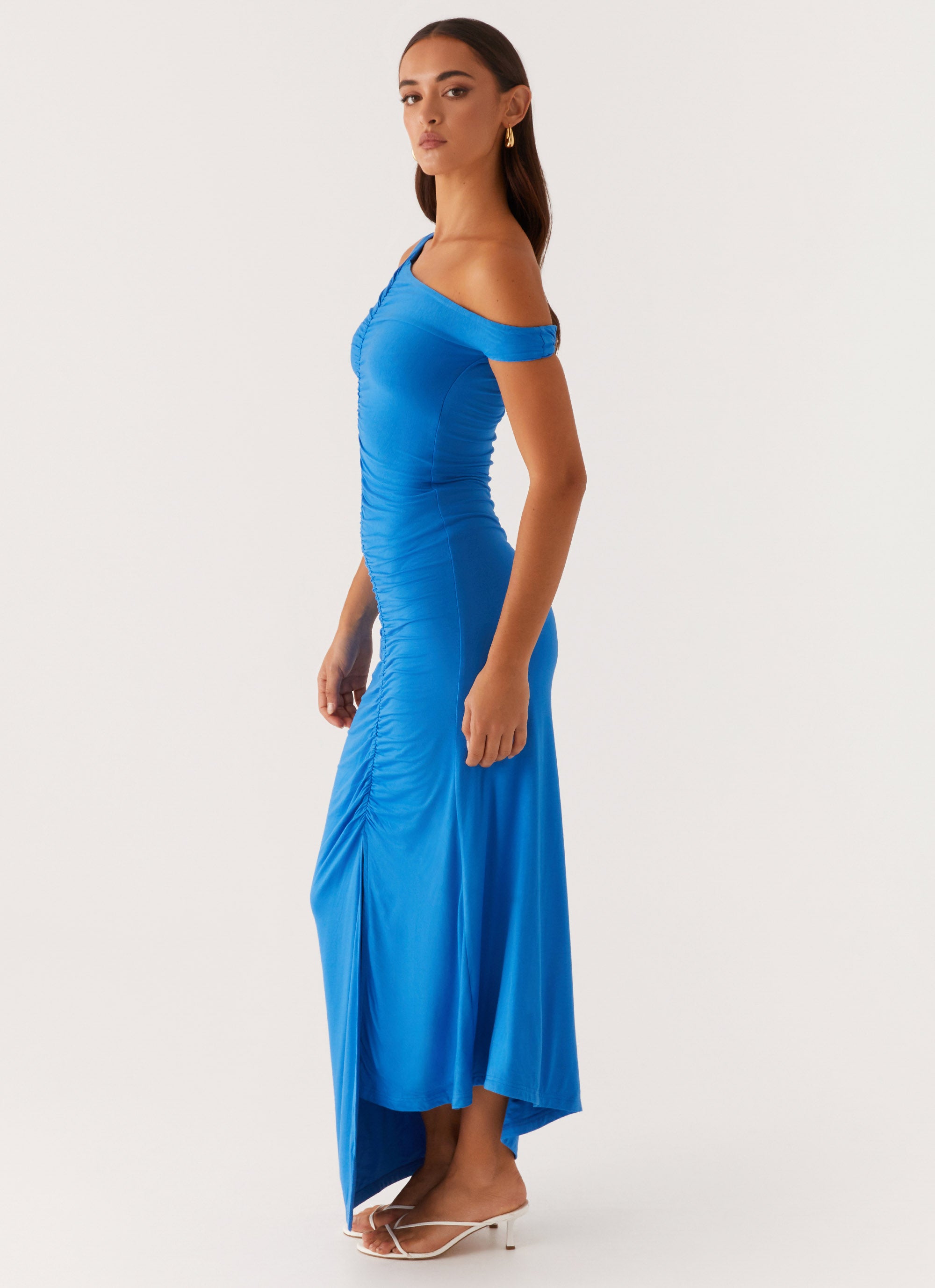 Anaya Ruched Asymmetrical Maxi Dress - Azure Peppermayo US Anaya Ruched Asymmetrical Maxi Dress - Azure Peppermayo US
