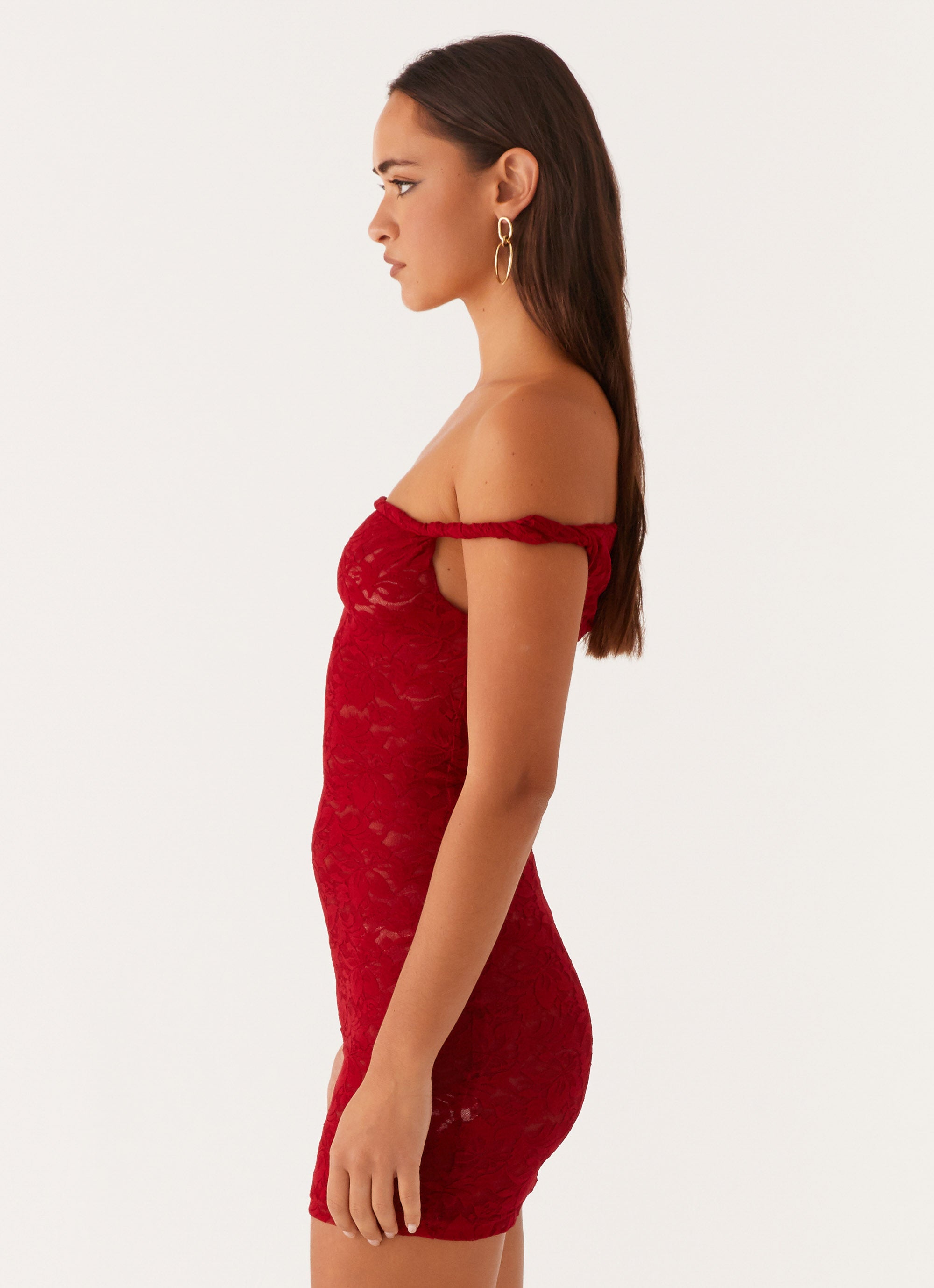 Arabella Lace Twist Shoulder Mini Dress - Red Arabella Lace Twist Shoulder Mini Dress - Red