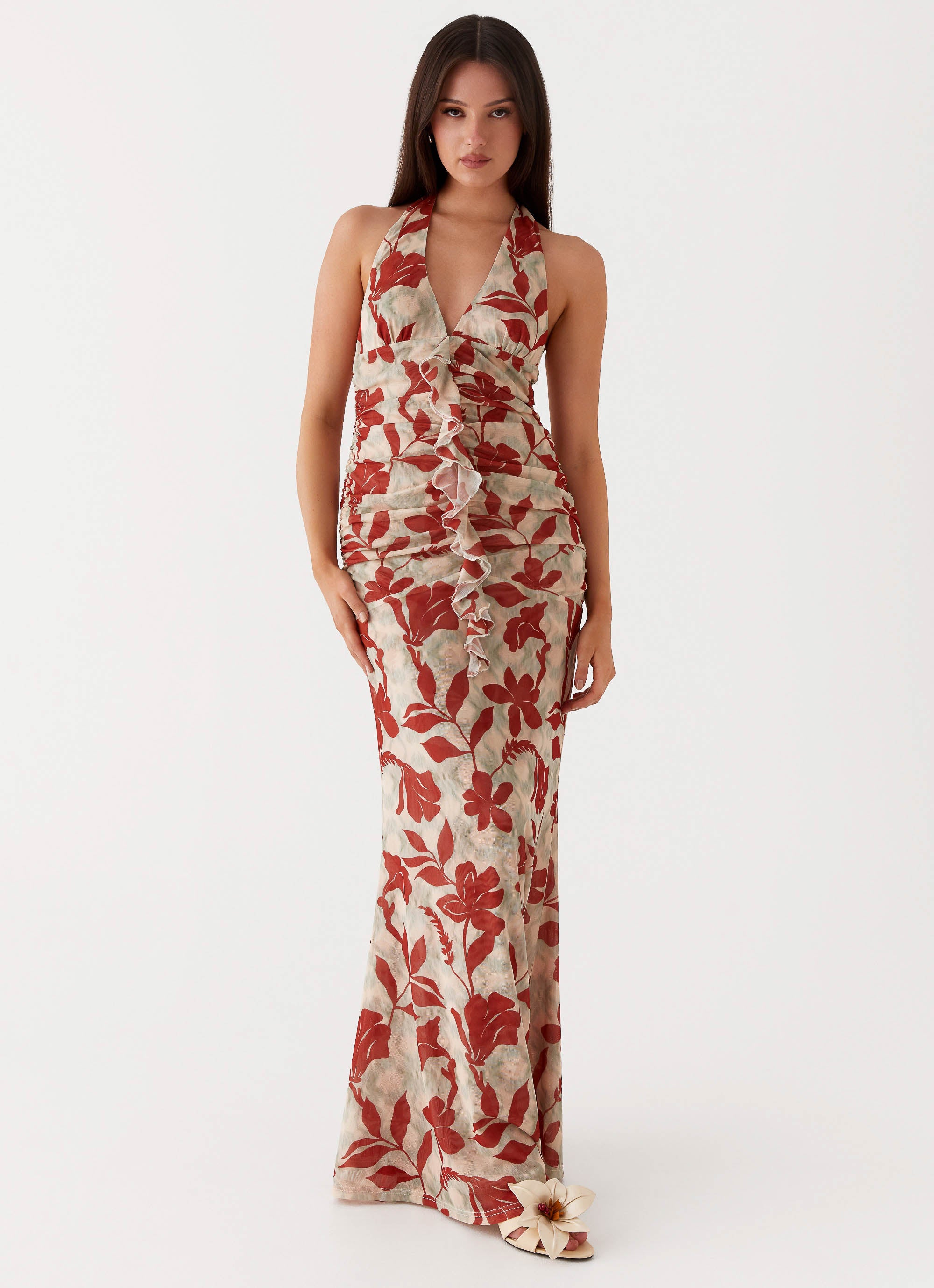 open lace back dress Allegra Off Shoulder Ruffle Midi Dress / Ruby | Meshki