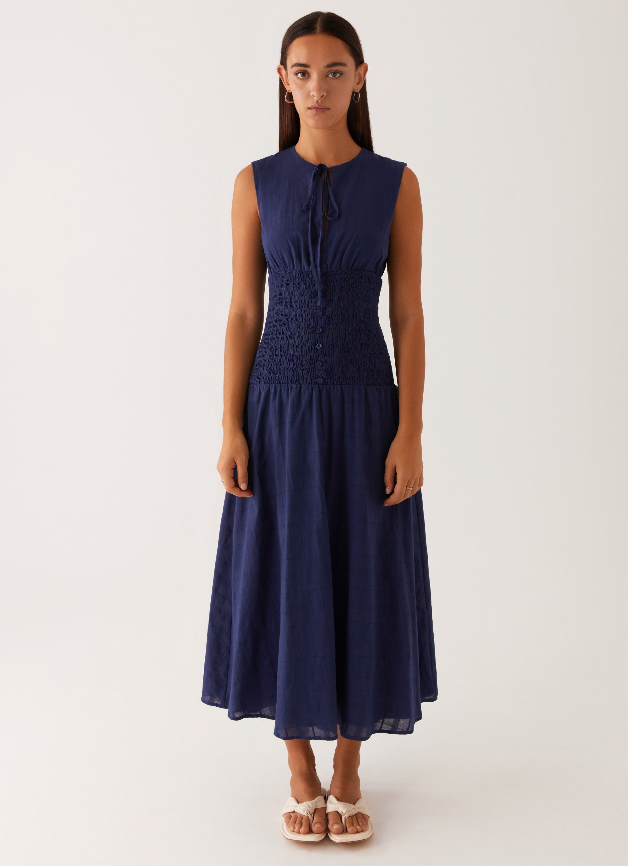 Belle Shirred Waist Midi Dress - Navy Belle Shirred Waist Midi Dress - Navy