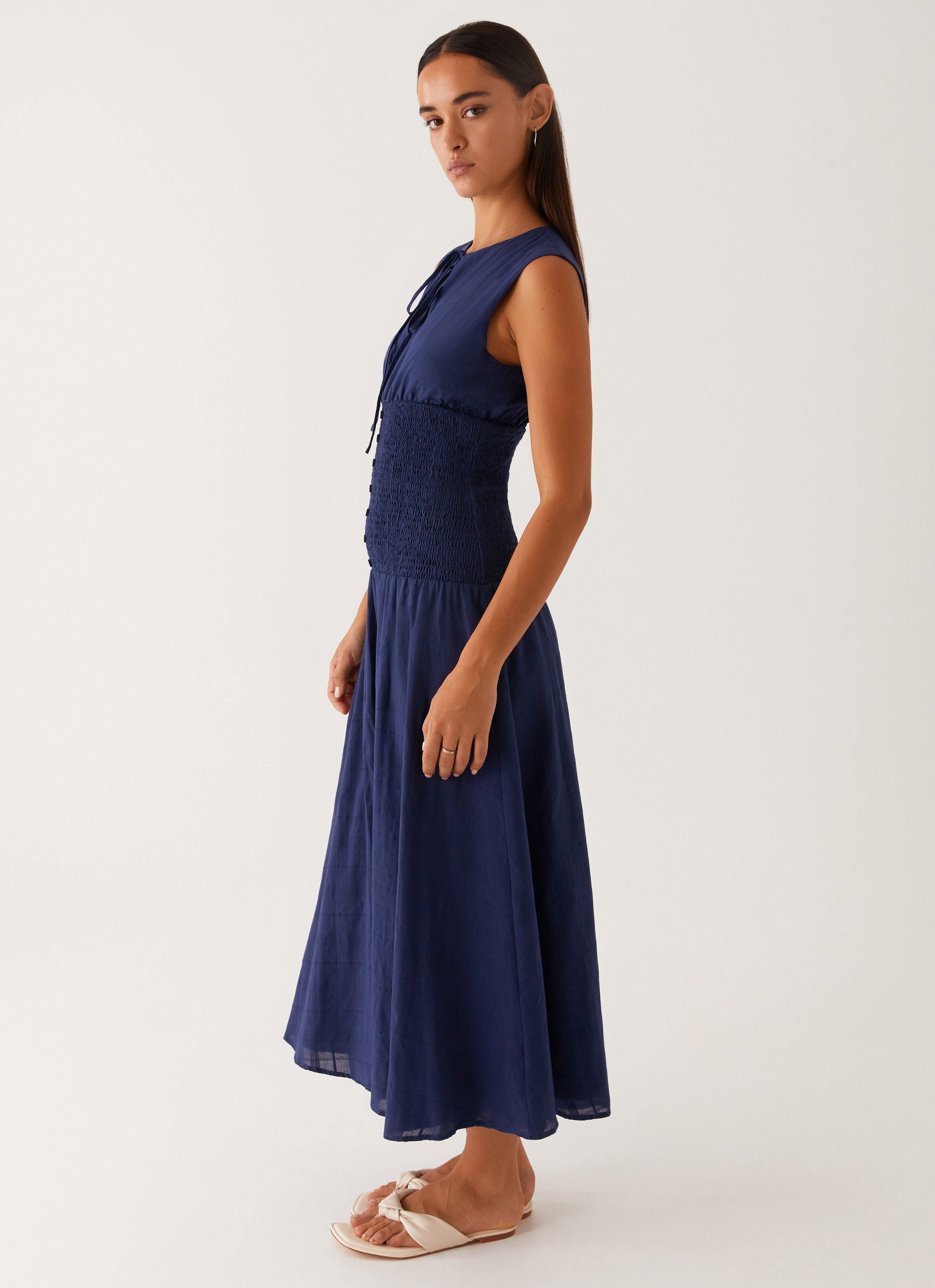 Belle Shirred Waist Midi Dress - Navy Peppermayo US Belle Shirred Waist Midi Dress - Navy Peppermayo US