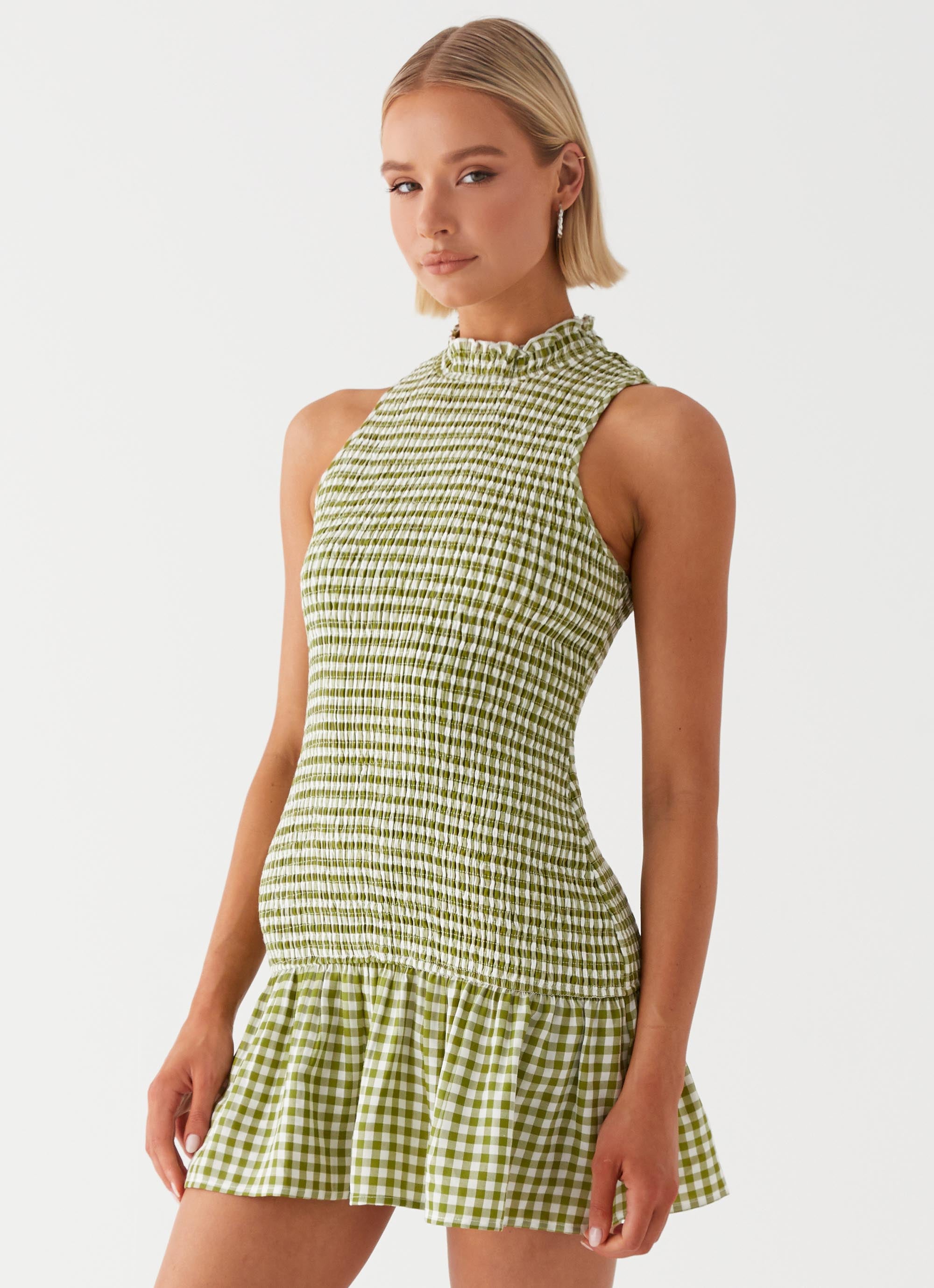 Cassie shirred Mini Dress - Khaki Gingham Peppermayo US Cassie shirred Mini Dress - Khaki Gingham Peppermayo US