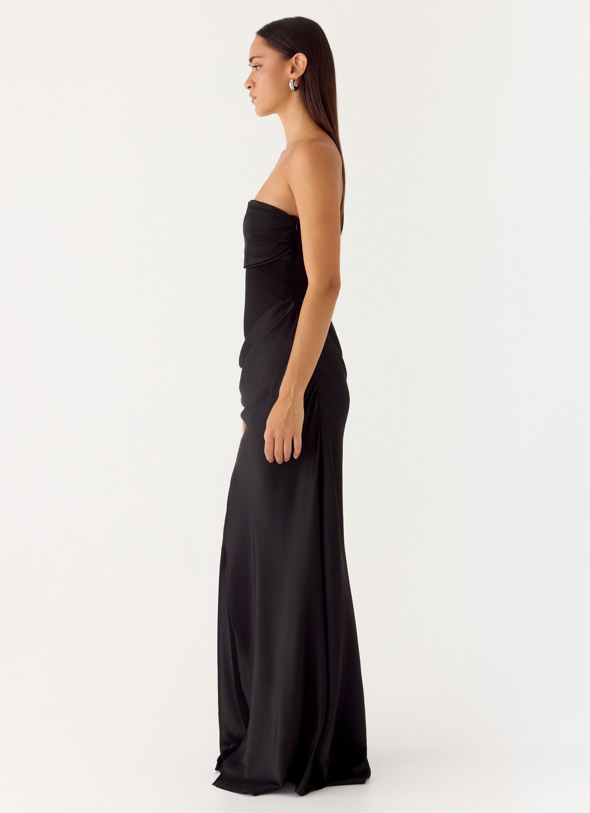 speechless strapless dress damask design champagne black detail hem peekaboo Summer Wedding Guest Dress | Oscar Maxi Dress - Champagne