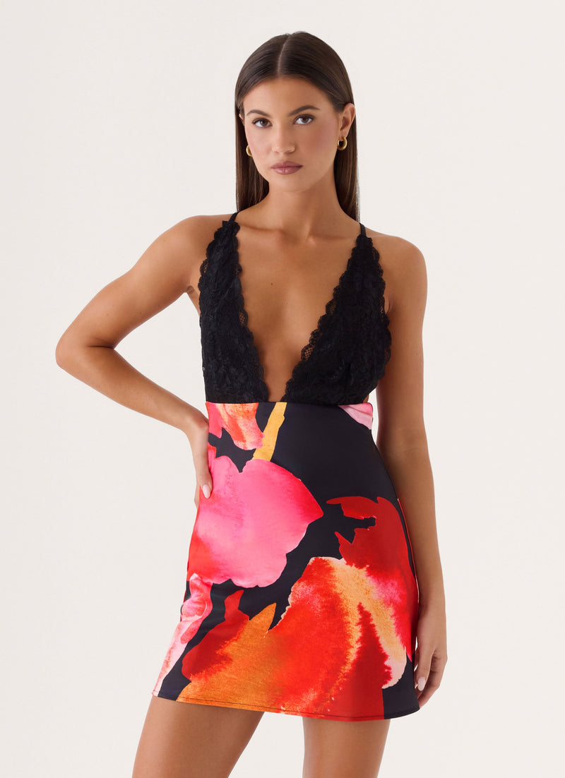 Claire Floral Mini Dress - Black Floral Print