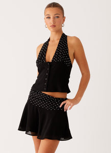 Devoted Halterneck Top - Black Polka Dot