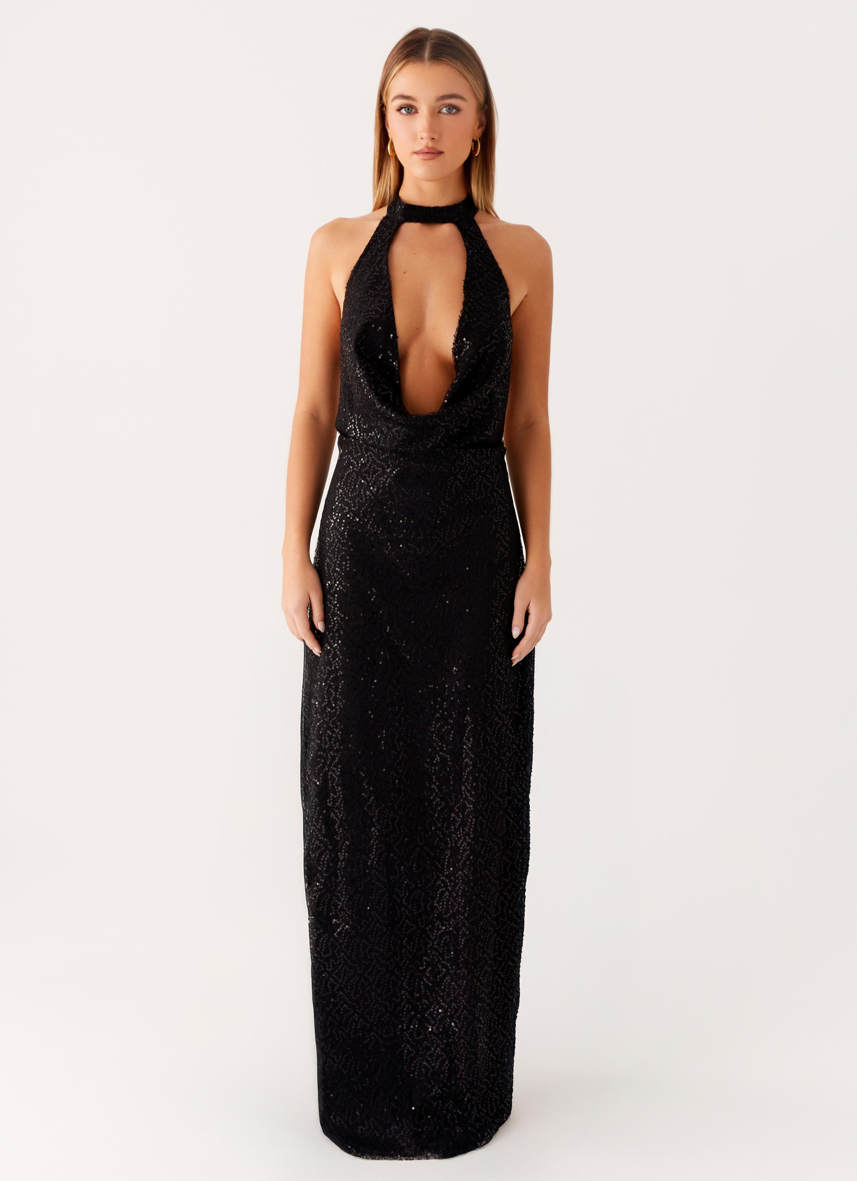 パーティードレス Black Pleated Sequin Embellished Maxi Silk Gown EmpireSequinMaxiDressBlack1Pep