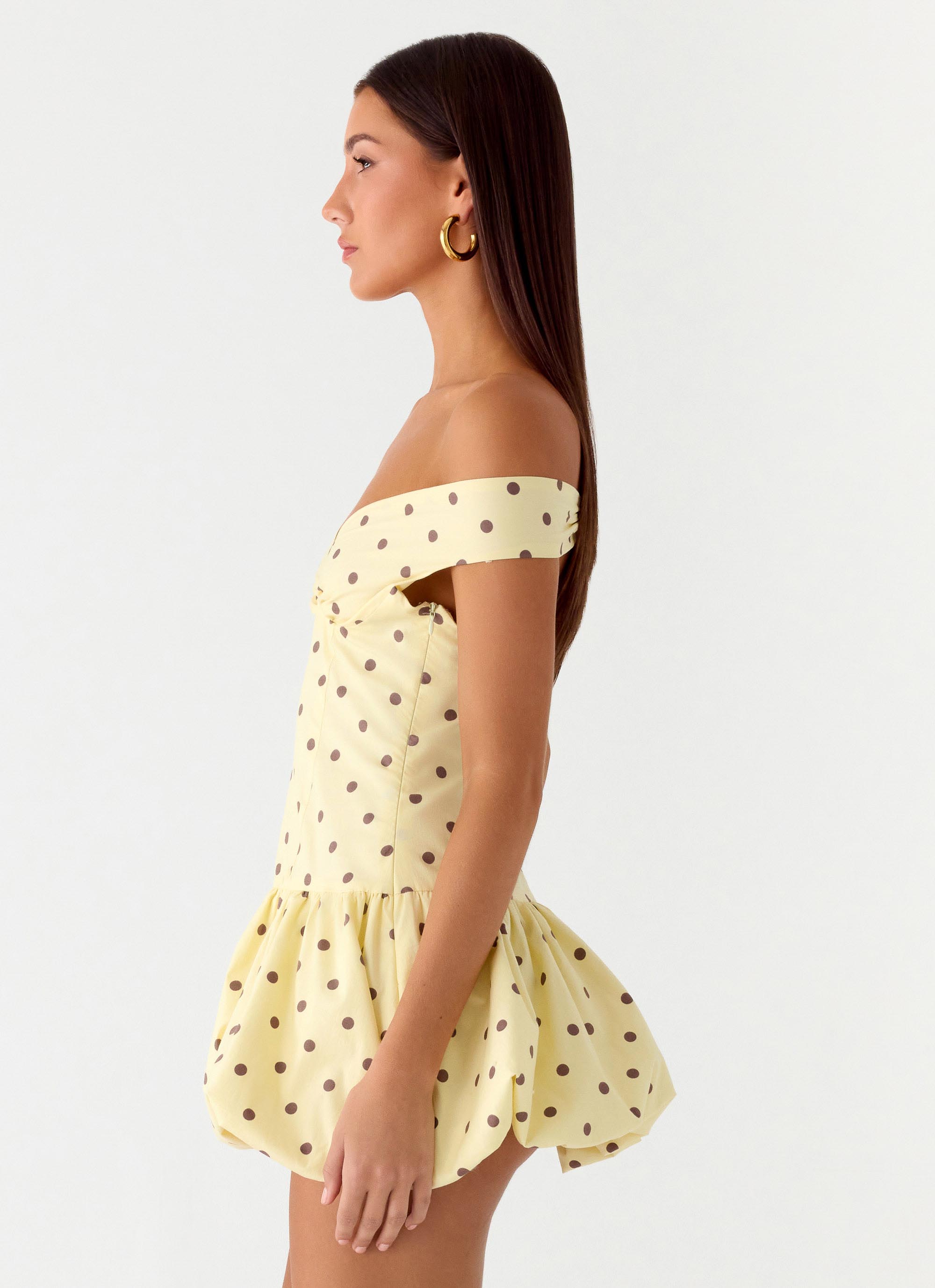 Endless Romance Off Shoulder Mini Dress - Yellow Polkadot Yellow Polkadot / US 16 Endless Romance Off Shoulder Mini Dress - Yellow Polkadot Yellow Polkadot / US 16
