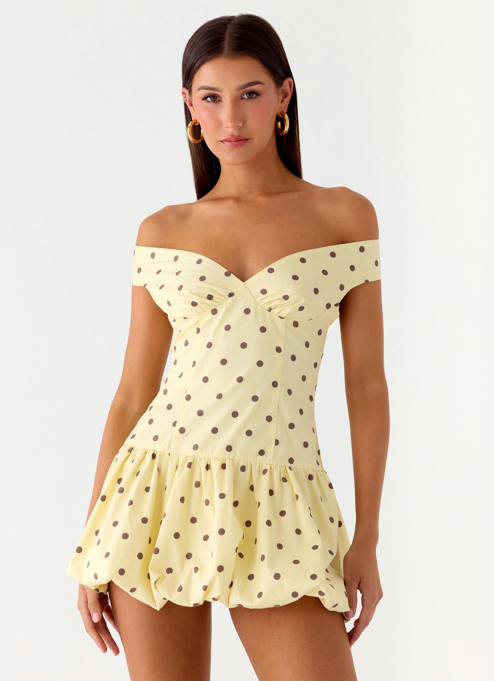 Endless Romance Off Shoulder Mini Dress - Yellow Polkadot Yellow Polkadot / US 16 Endless Romance Off Shoulder Mini Dress - Yellow Polkadot Yellow Polkadot / US 16