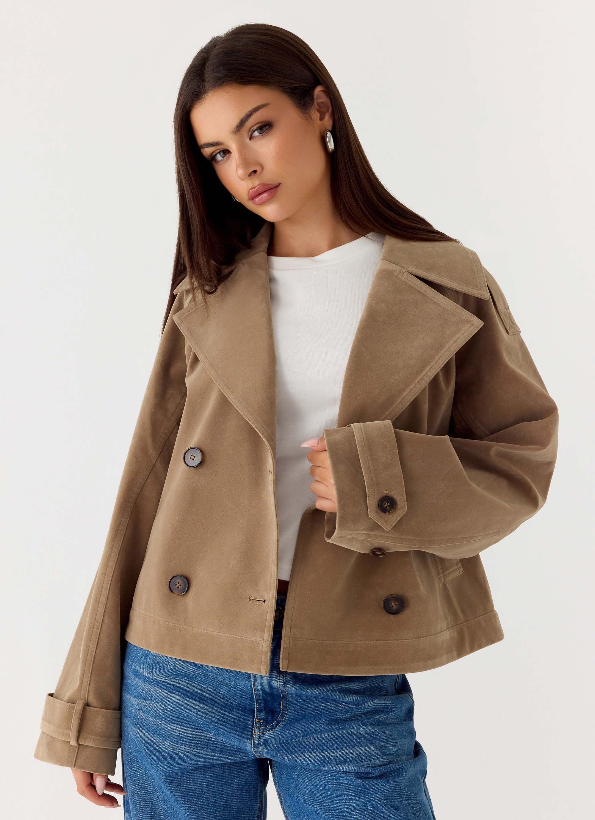 Evan Faux Suede Short Trench Jacket - Tan – Peppermayo US
