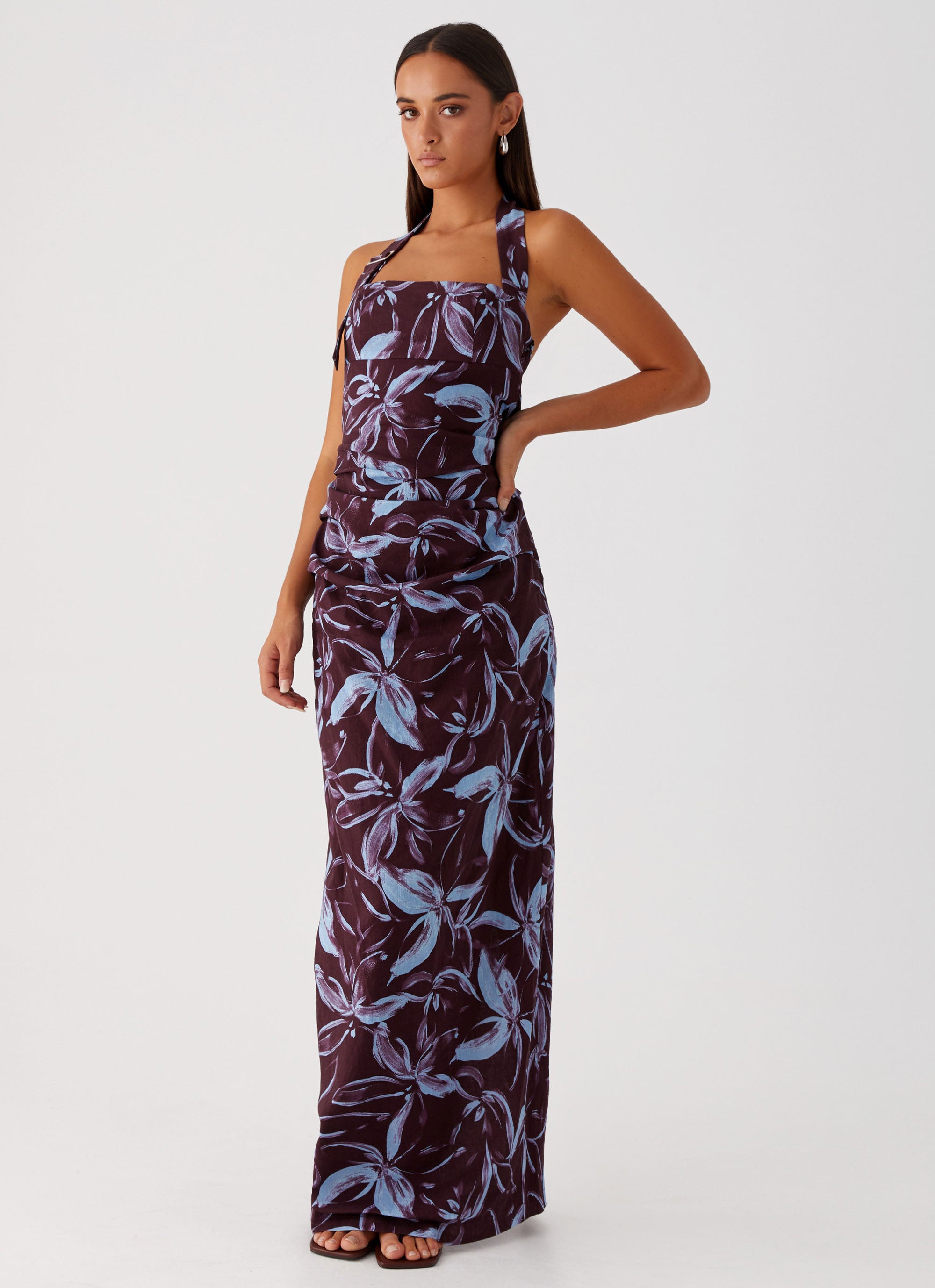 Fauna Halter Maxi Dress - Brown Purple Floral Fauna Halter Maxi Dress - Brown Purple Floral