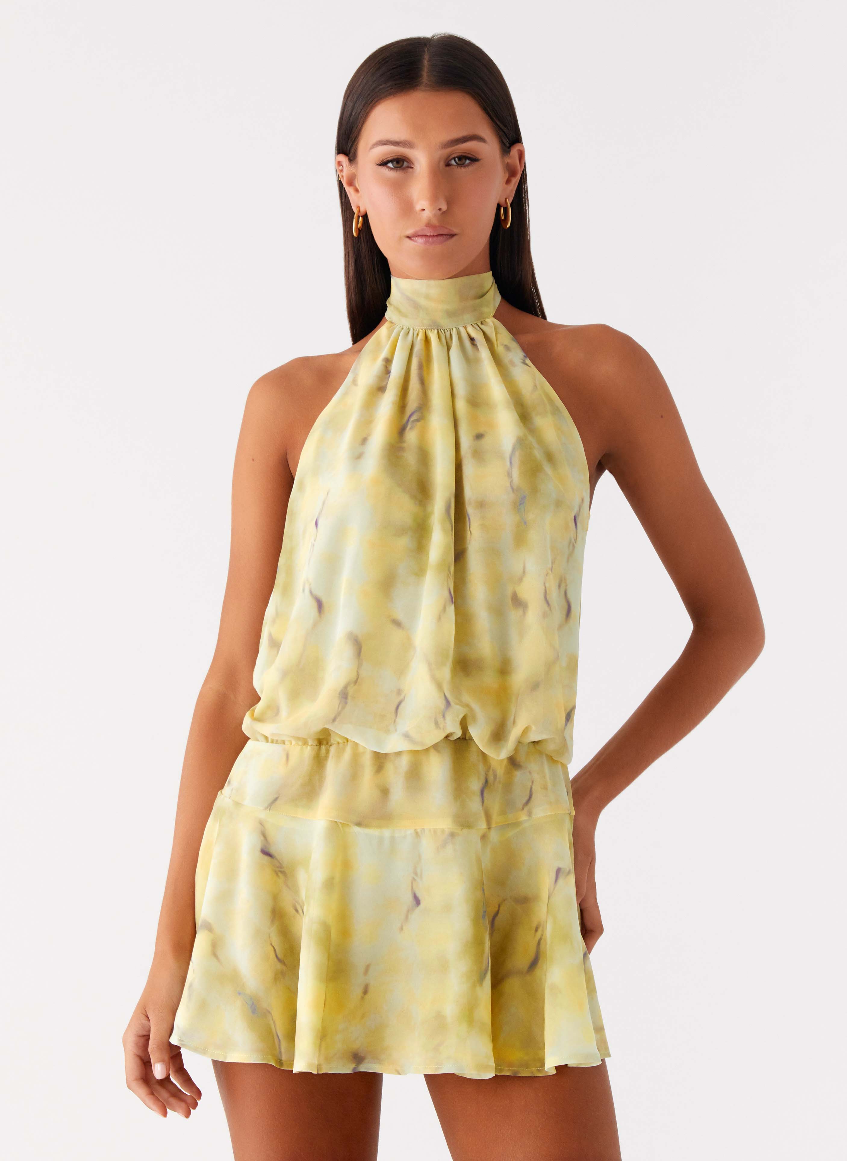 First Date Halter Mini Dress - Yellow Tie Dye Yellow Tie Dye / US 18 First Date Halter Mini Dress - Yellow Tie Dye Yellow Tie Dye / US 18