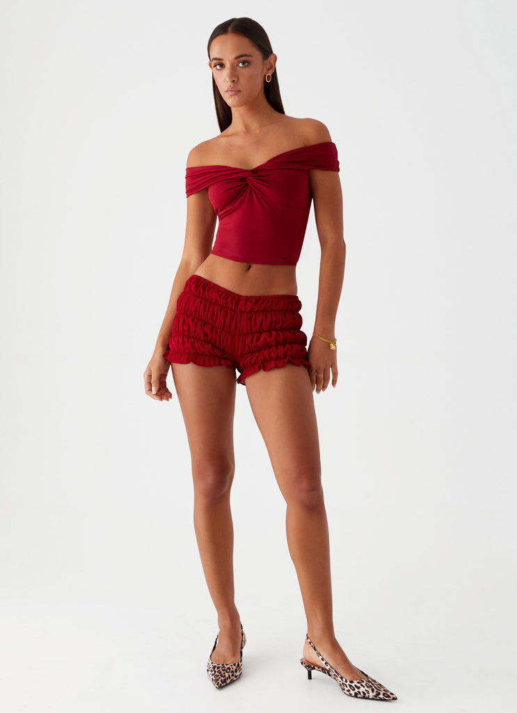 Girls Like Us Ruched Mini Shorts - Maroon