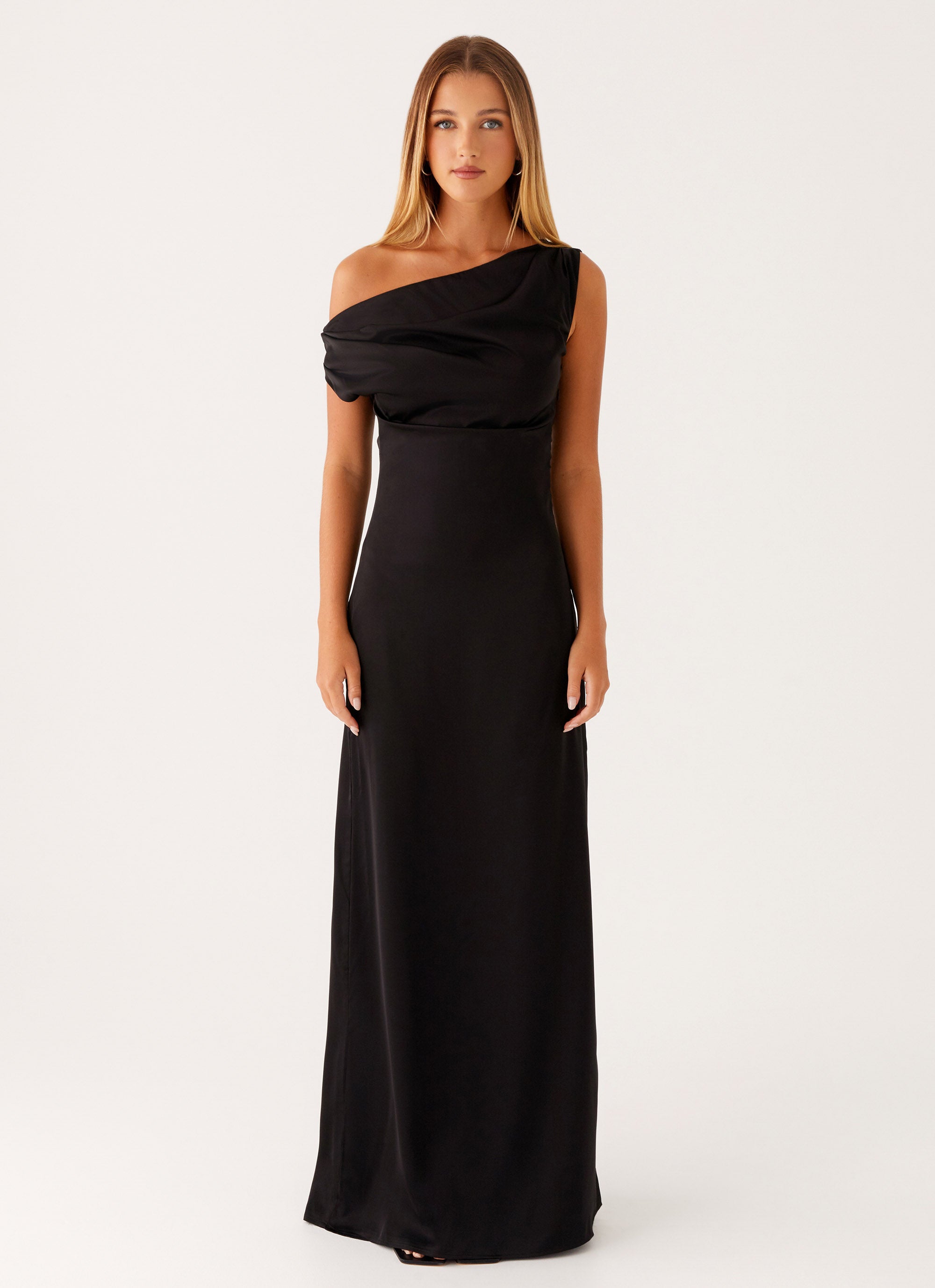 black maxi dress satin Women's Black Satin High Neck Flared Sleeve Maxi Dress