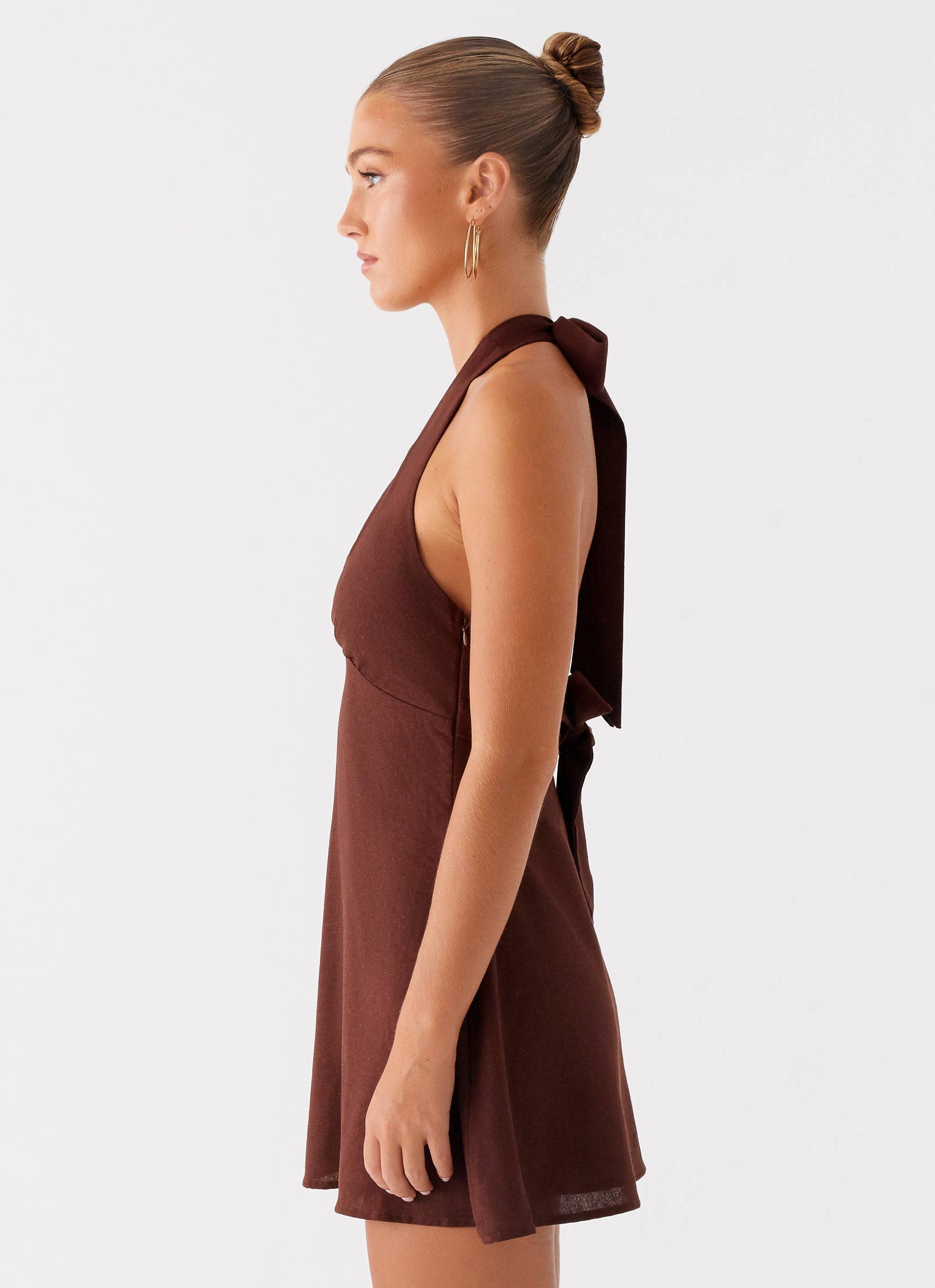 Heavy Hearted Linen Mini Dress - Brown Brown / US 10 Heavy Hearted Linen Mini Dress - Brown Brown / US 10