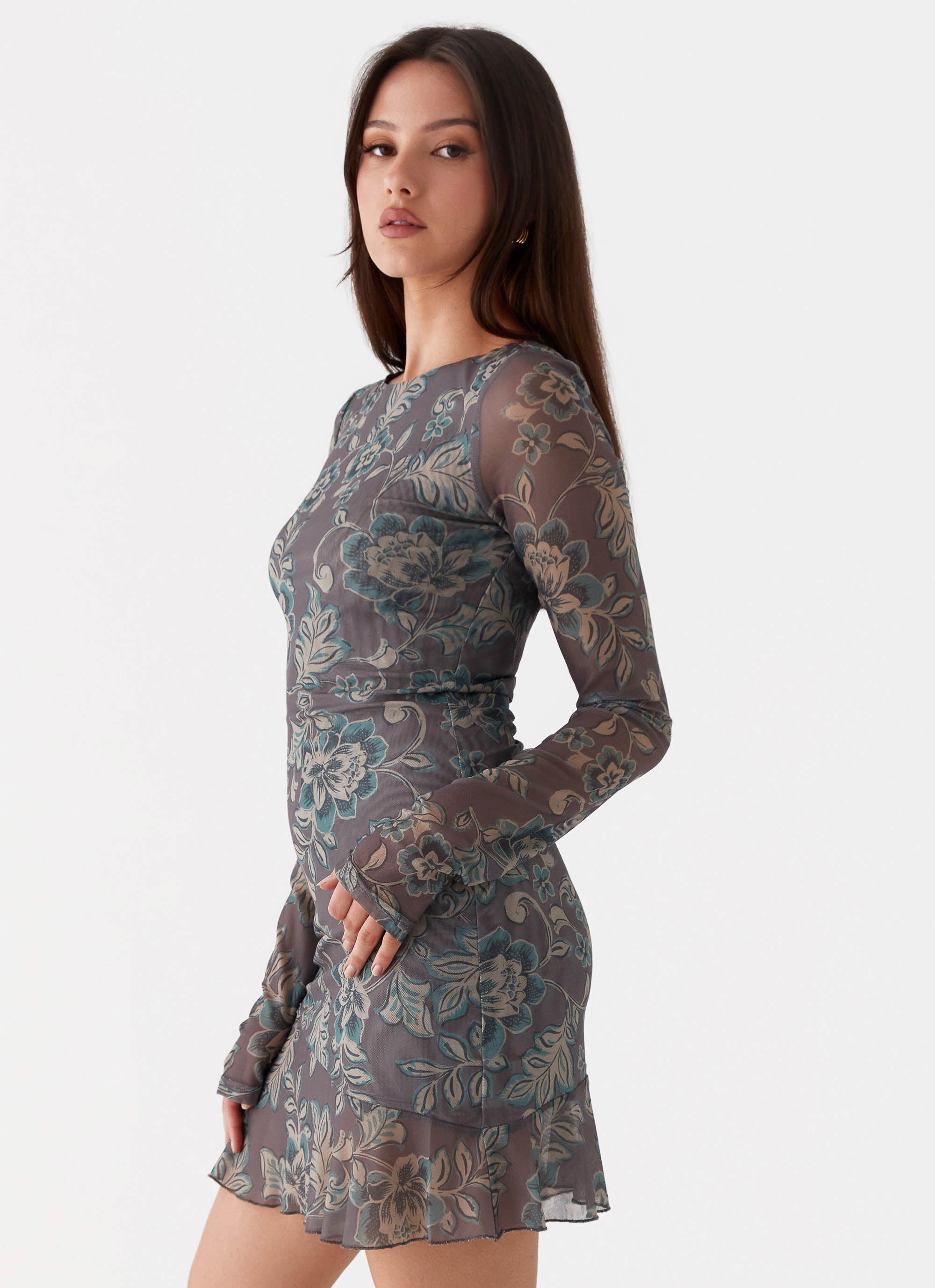 Ines Long Sleeve Mini Dress - Brown Floral Peppermayo US Ines Long Sleeve Mini Dress - Brown Floral Peppermayo US