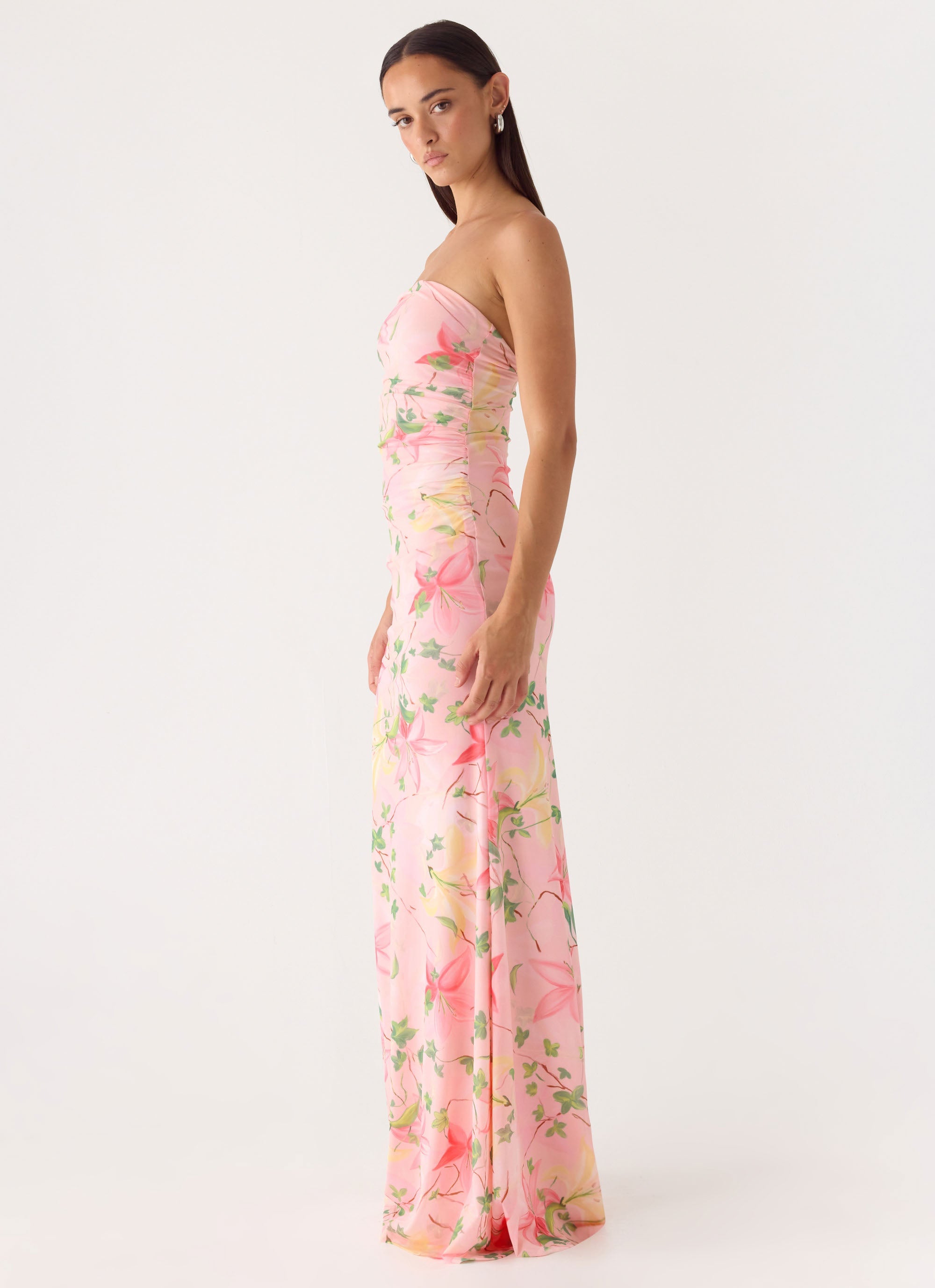 max mara acqua strapless floral silk-chiffon maxi dress Max Mara Floral Silk Chiffon Bustier Dress in Natural