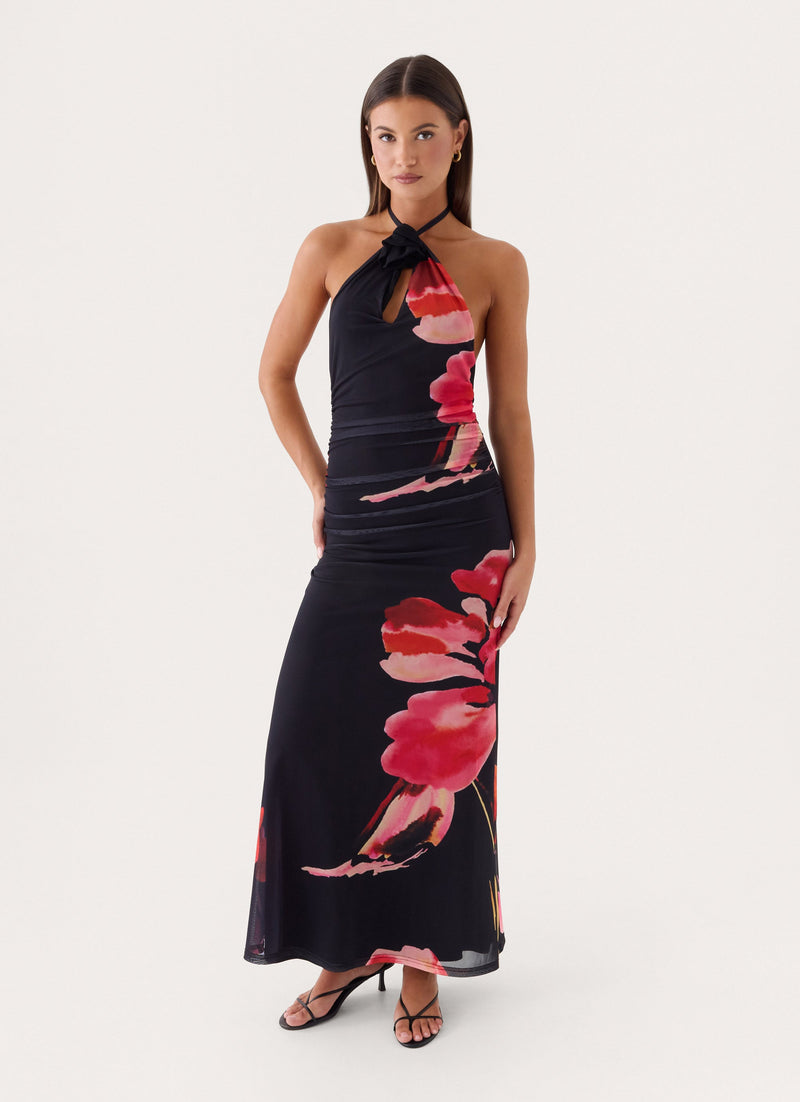Janete Floral Halter Maxi Dress - Black Floral Print