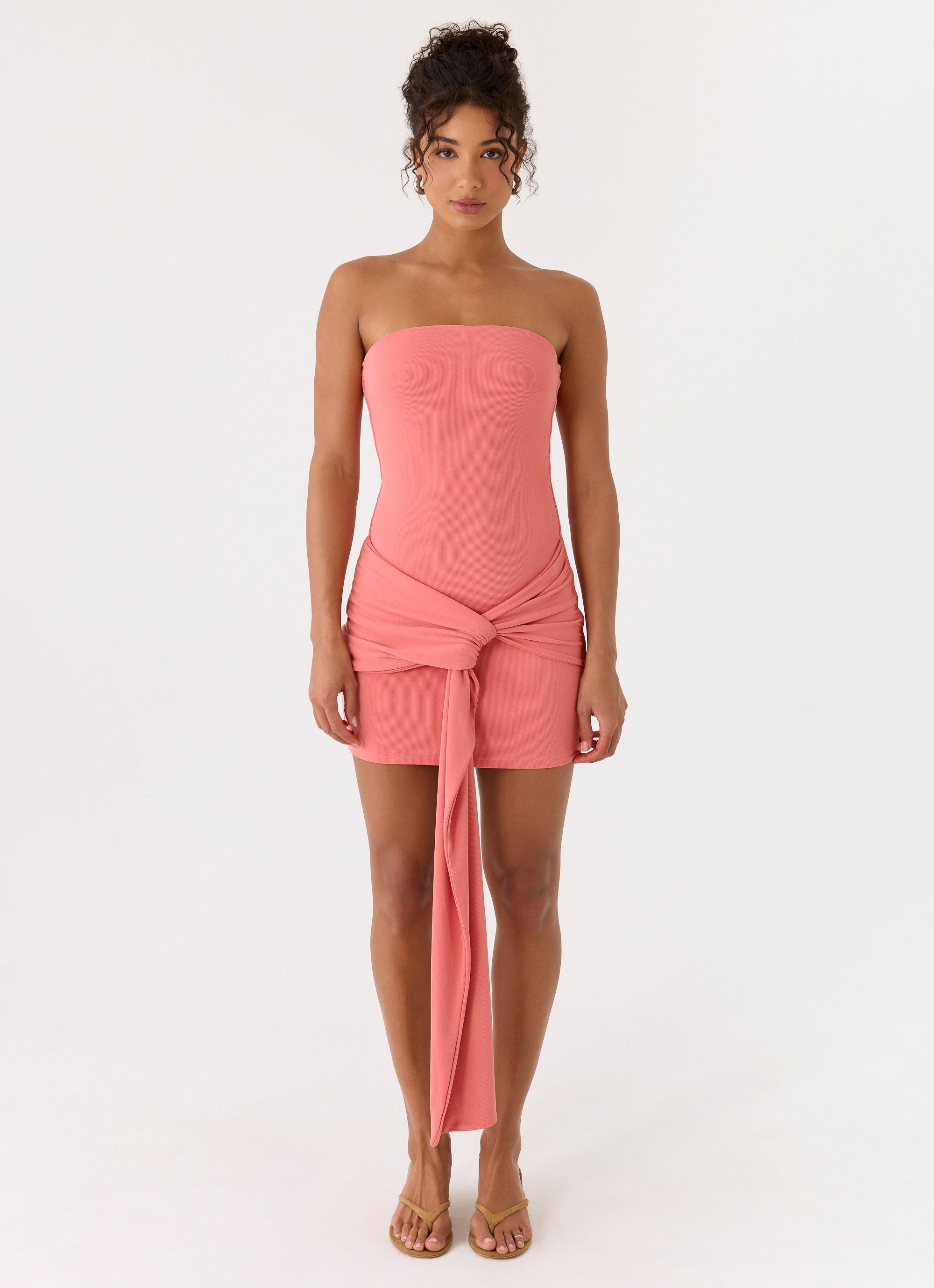 strapless coral chiffon dress Azazie Leonis
