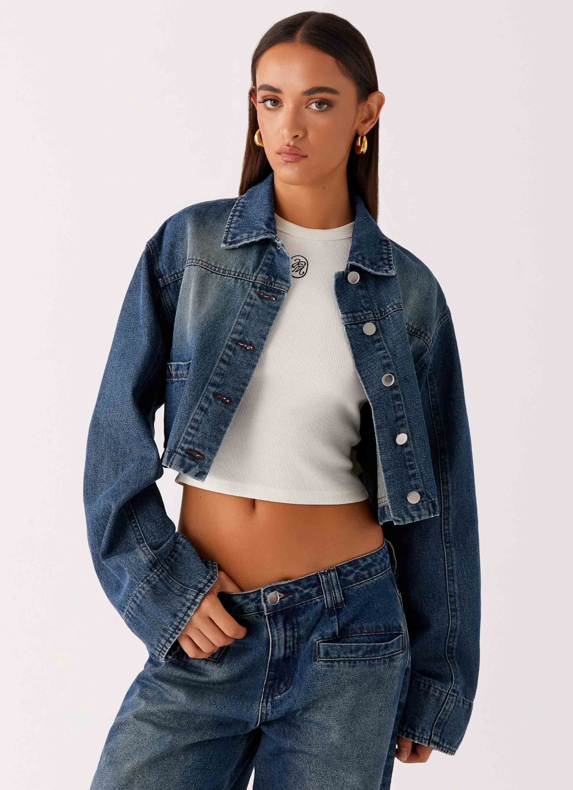 cropped jacket over fitted indigo knee length dress Joan Cropped Denim Jacket