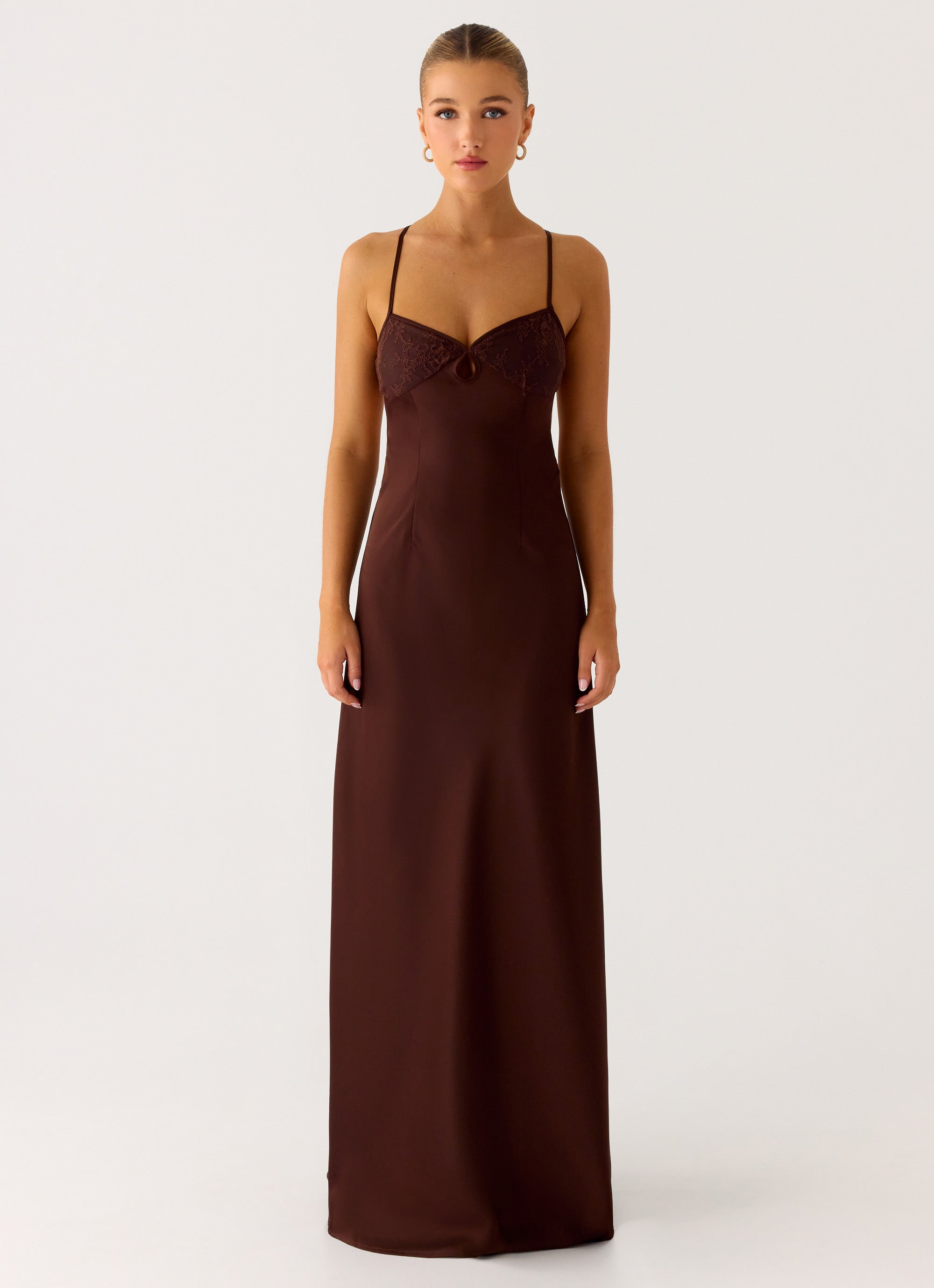 jacinth maxi dress in chocolate brown jersey De La Vali Jacinth Draped Stretch-Jersey Maxi Dress - Chocolate
