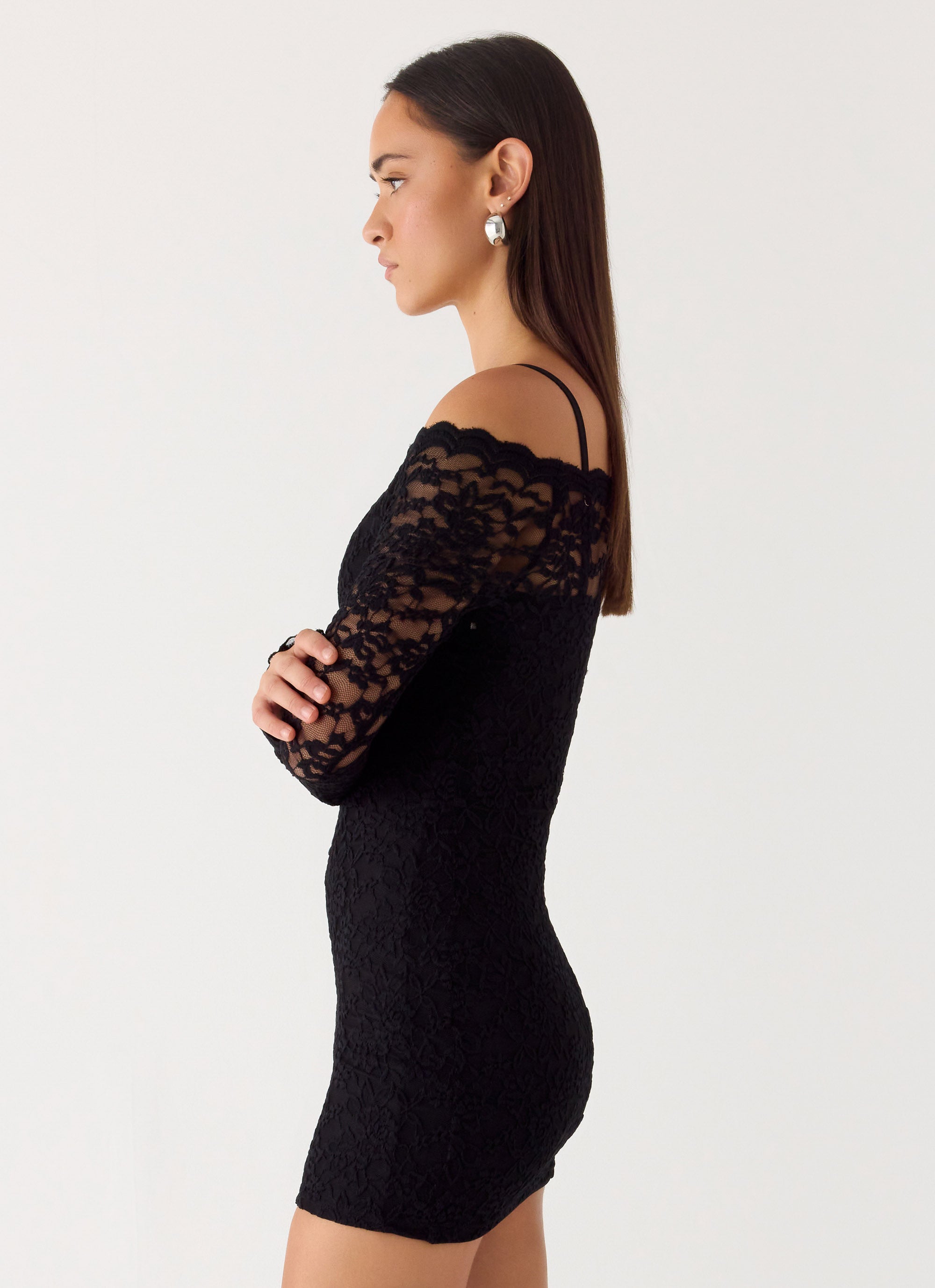 black lace mini bodycon dress Sevila Long Sleeve Mini Dress in Bubble Black Lace , Bodycon