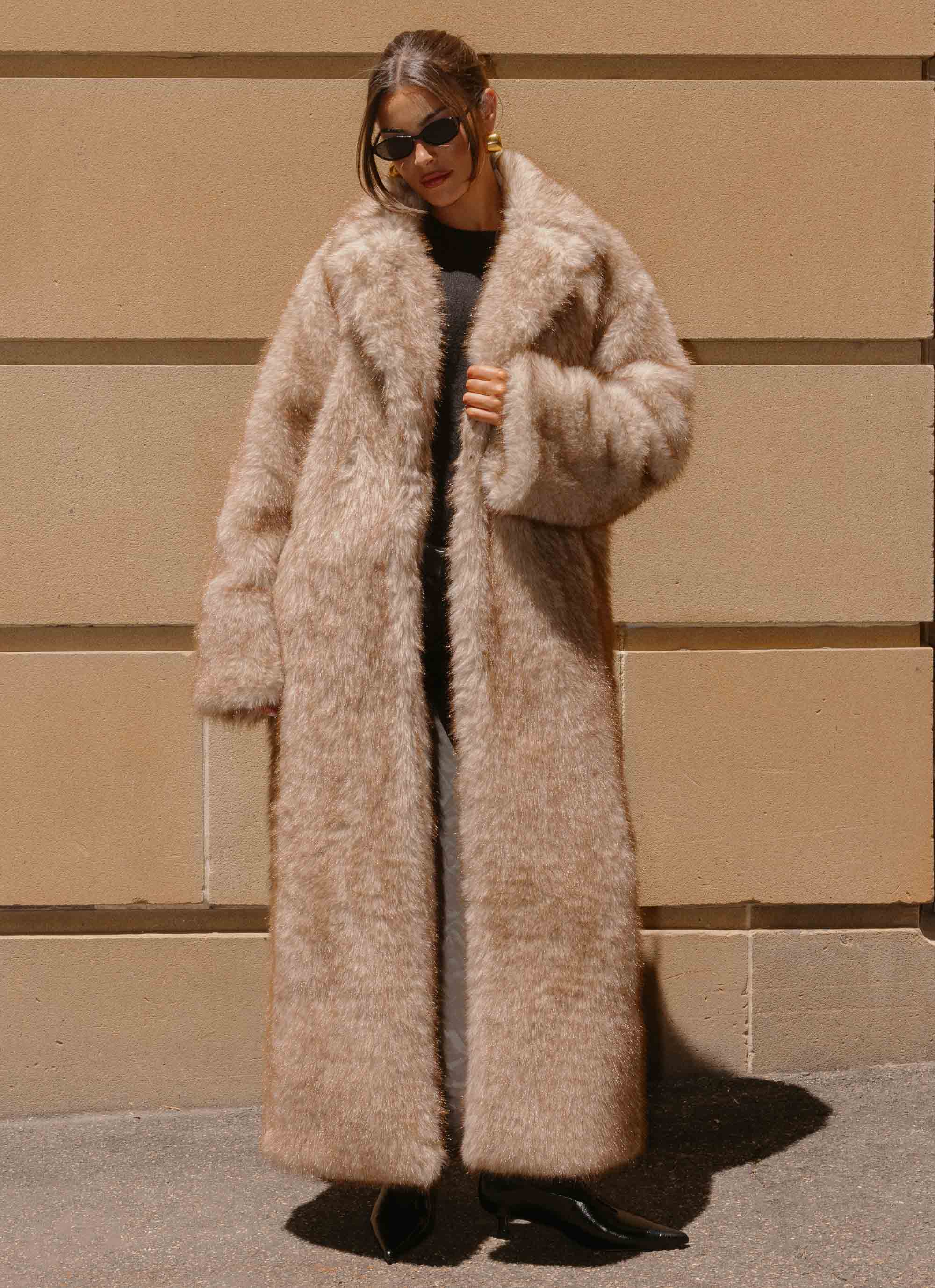 Kamil Faux Fur Maxi Coat - Tan Beige Kamil Faux Fur Maxi Coat - Tan Beige