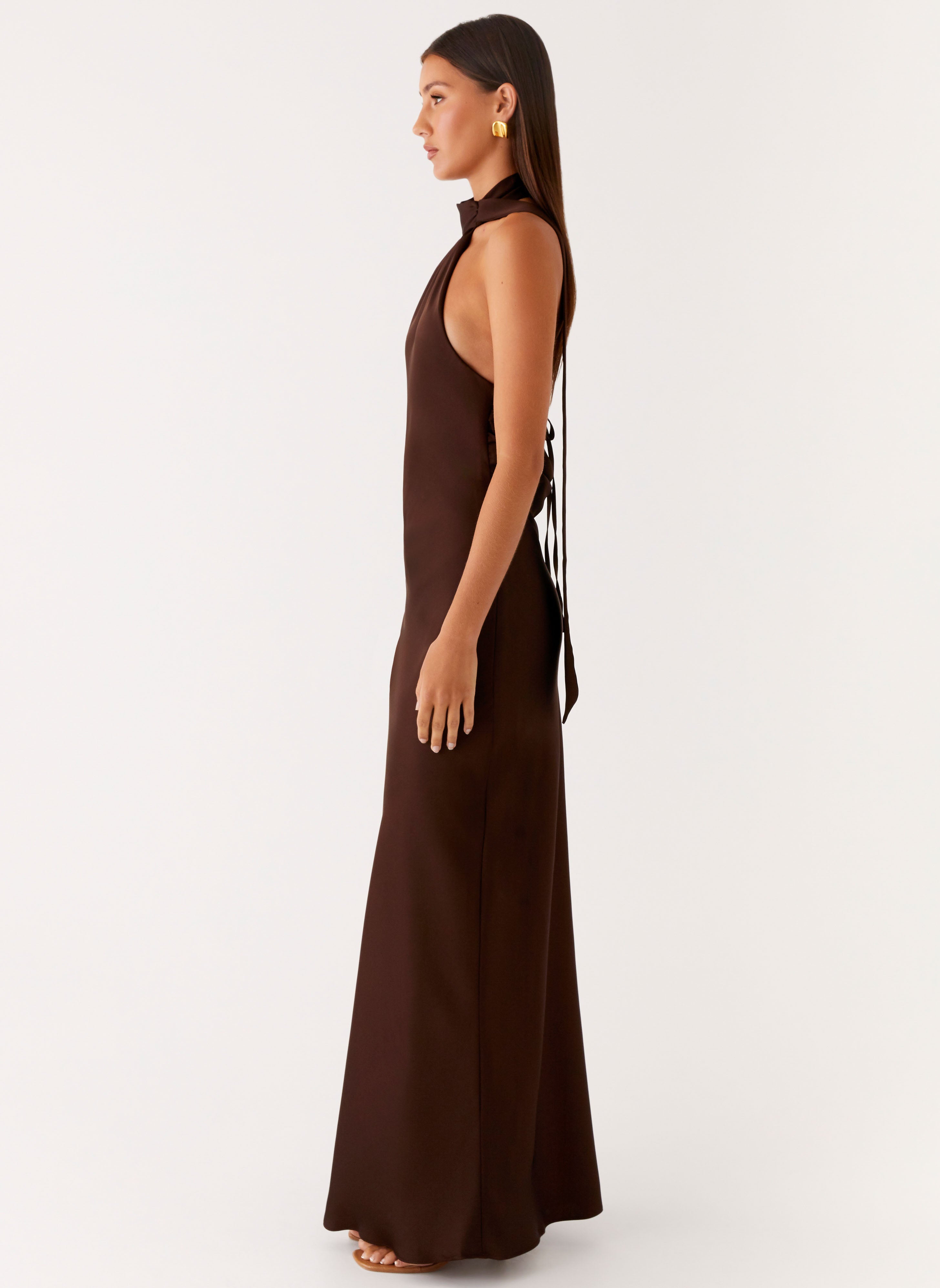 brown wedding guest dress with neck scarf Kailani Strapless Ruched Maxi Dress | Brown