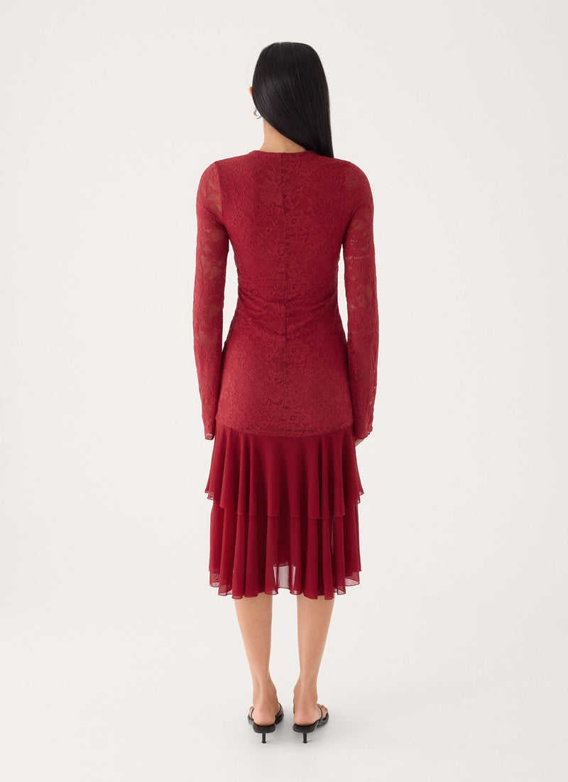 Lenora Lace Midi Dress - Fire Red