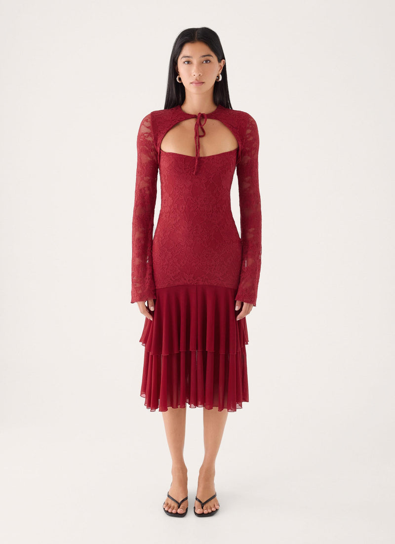 Lenora Lace Midi Dress - Fire Red