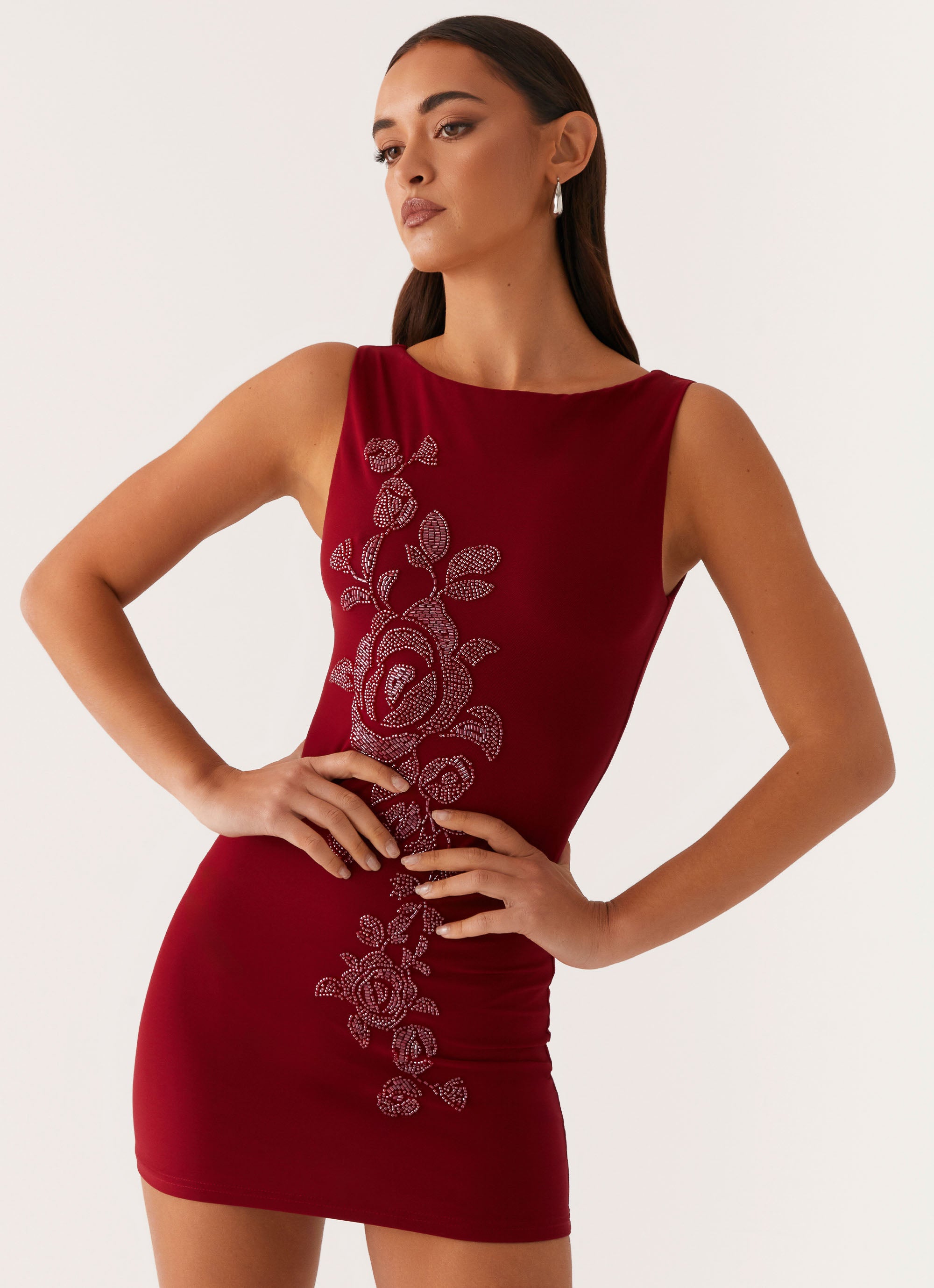Matteo Beaded Mesh Mini Dress - Deep Red Peppermayo US Matteo Beaded Mesh Mini Dress - Deep Red Peppermayo US