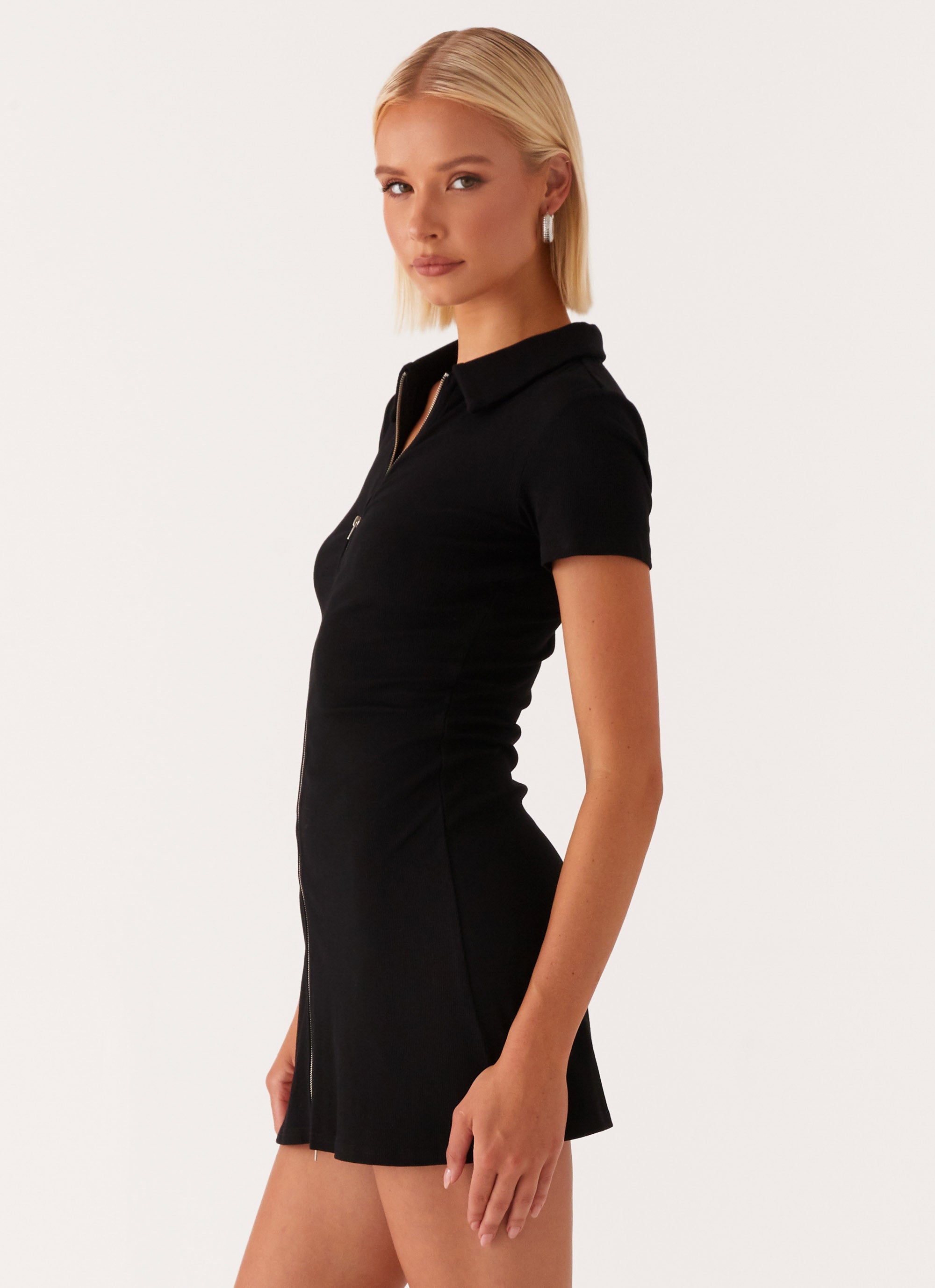 Matter Of Time Zip Front Mini Dress - Black – Peppermayo US