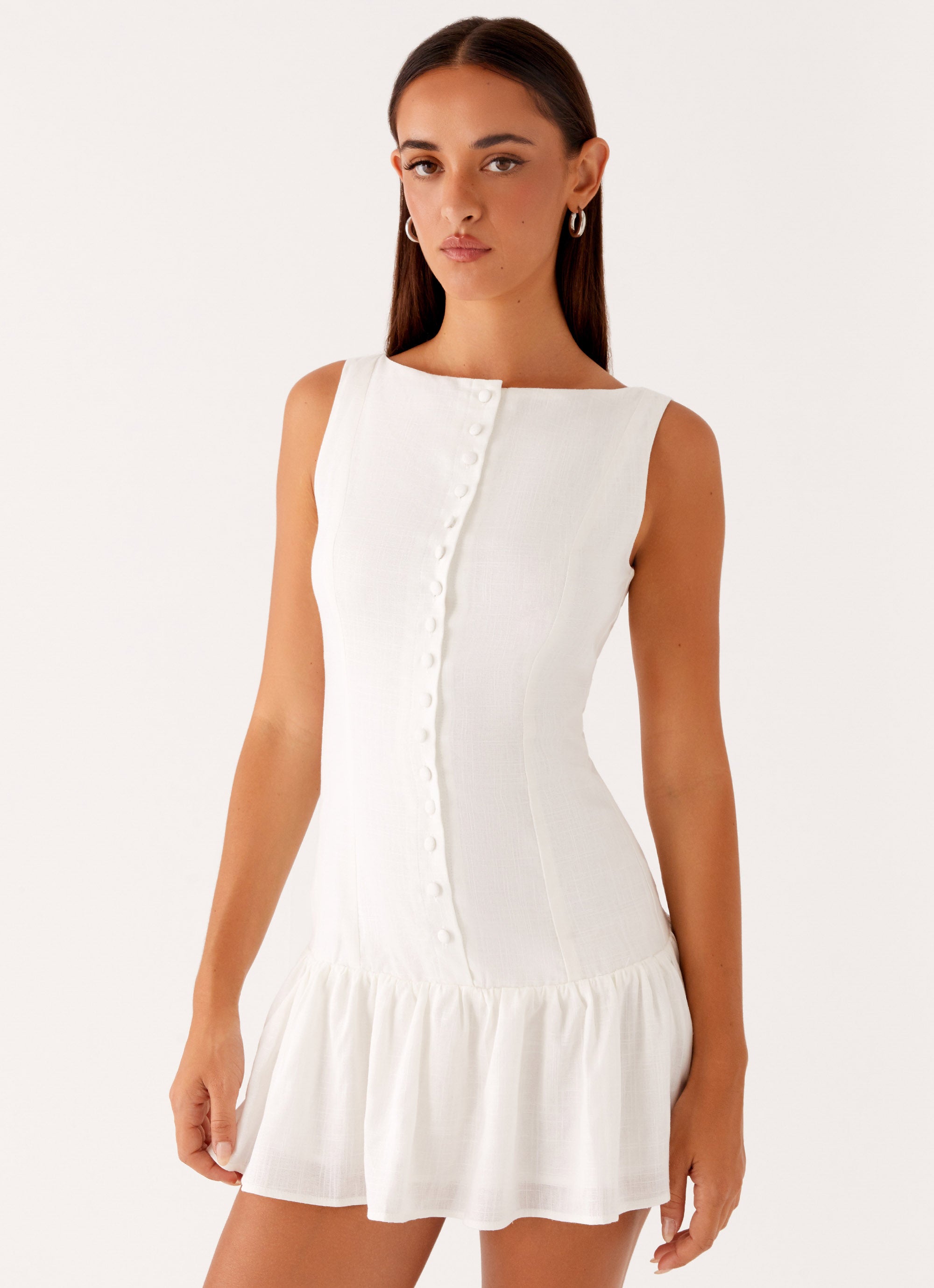 Meggie Linen Mini Dress - White White / US 16 Meggie Linen Mini Dress - White White / US 16