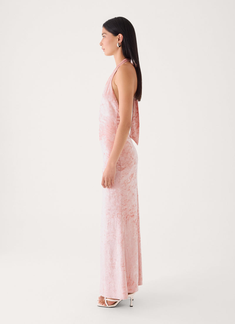 Memory Lane Crushed Velvet Halter Maxi Dress - Soft Pink