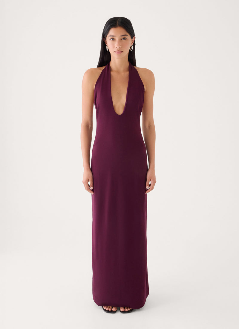 Midnight Kiss Jersey Halter Dress - Eggplant