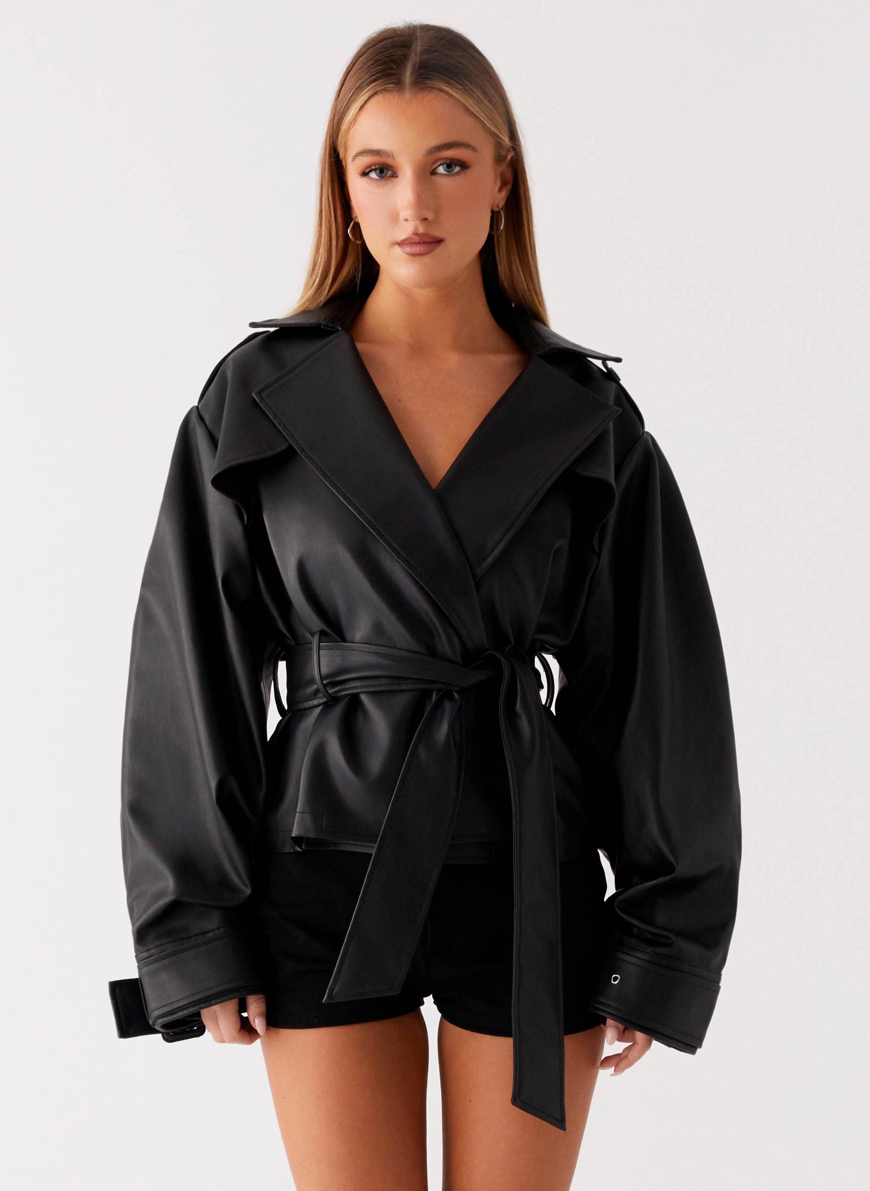 black leather dress coat Express Women's Faux Leather Belted Trench Coat in Black Large