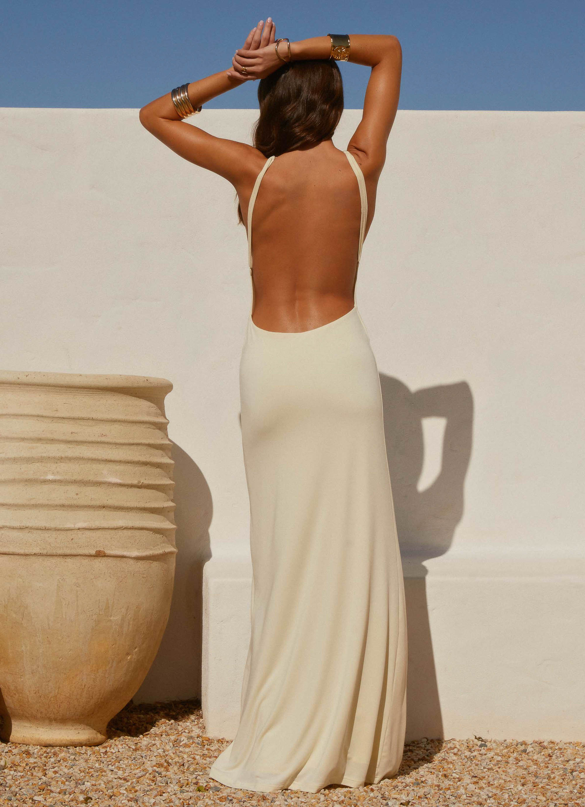 carla putty linen cowl maxi dress Margot Cowl Neck Satin Maxi Dress Shop American Threads Online Dress Butter Yellow / S