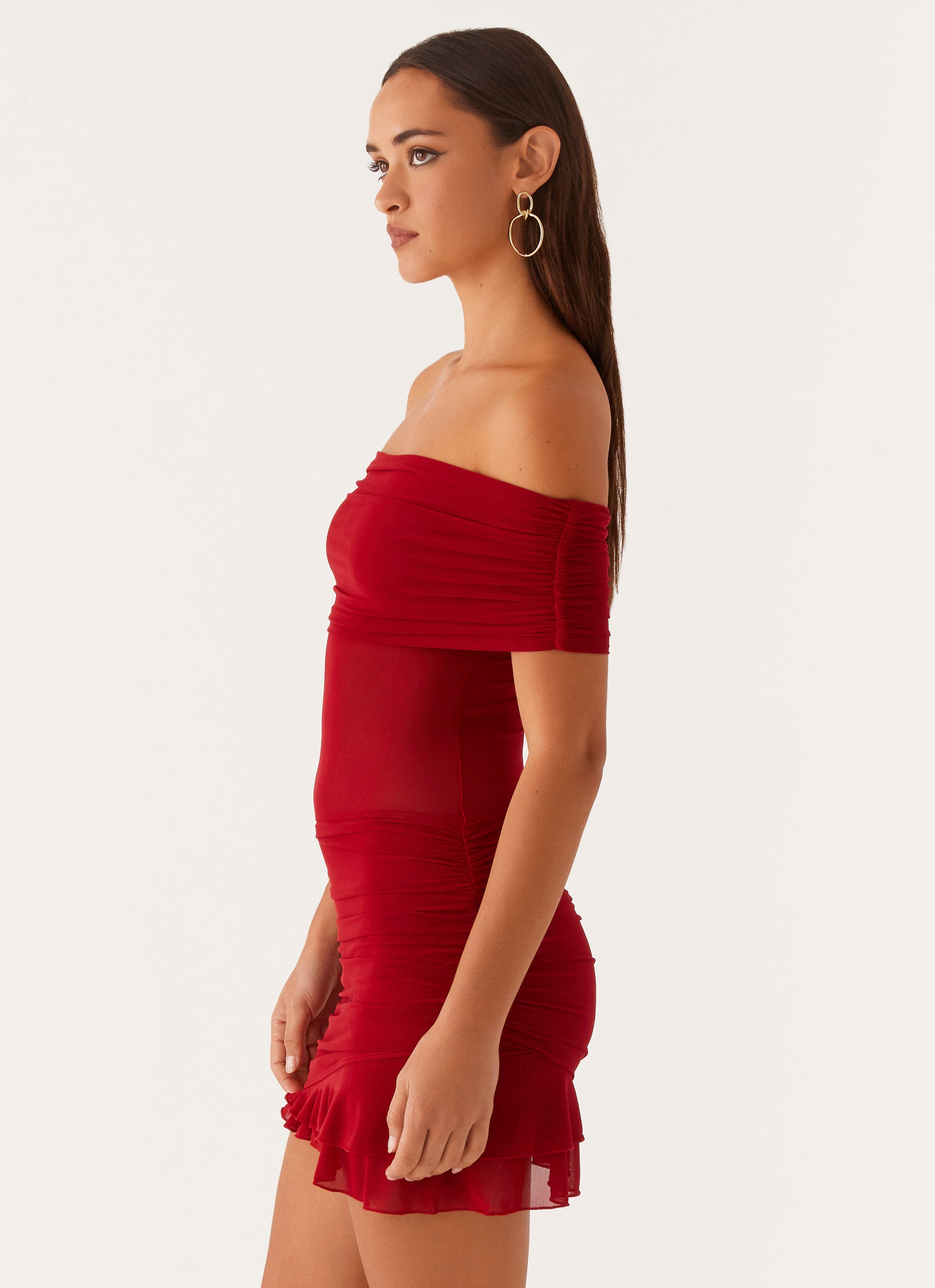 Nelly Off Shoulder Mini Dress Deep Red – Peppermayo US
