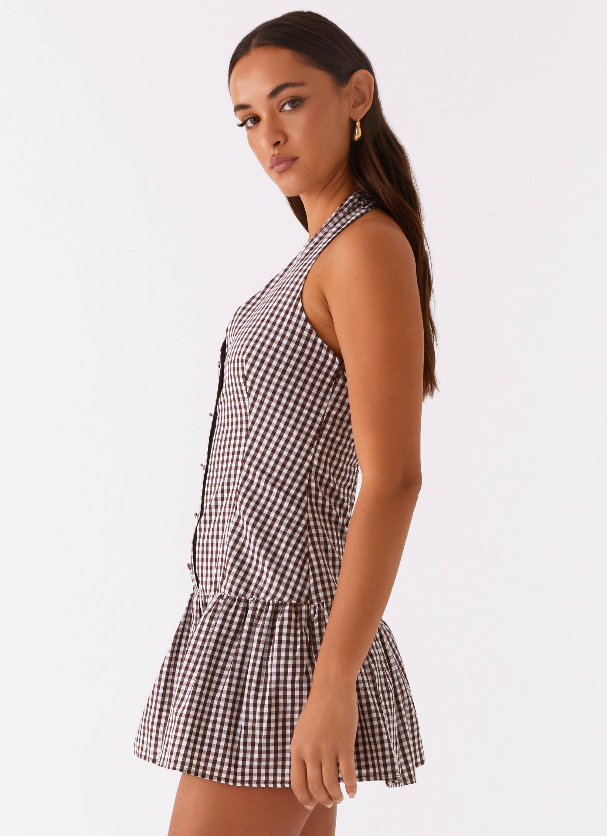 New Look Shirred Halter Mini Dress - Chocolate Gingham Peppermayo US New Look Shirred Halter Mini Dress - Chocolate Gingham Peppermayo US