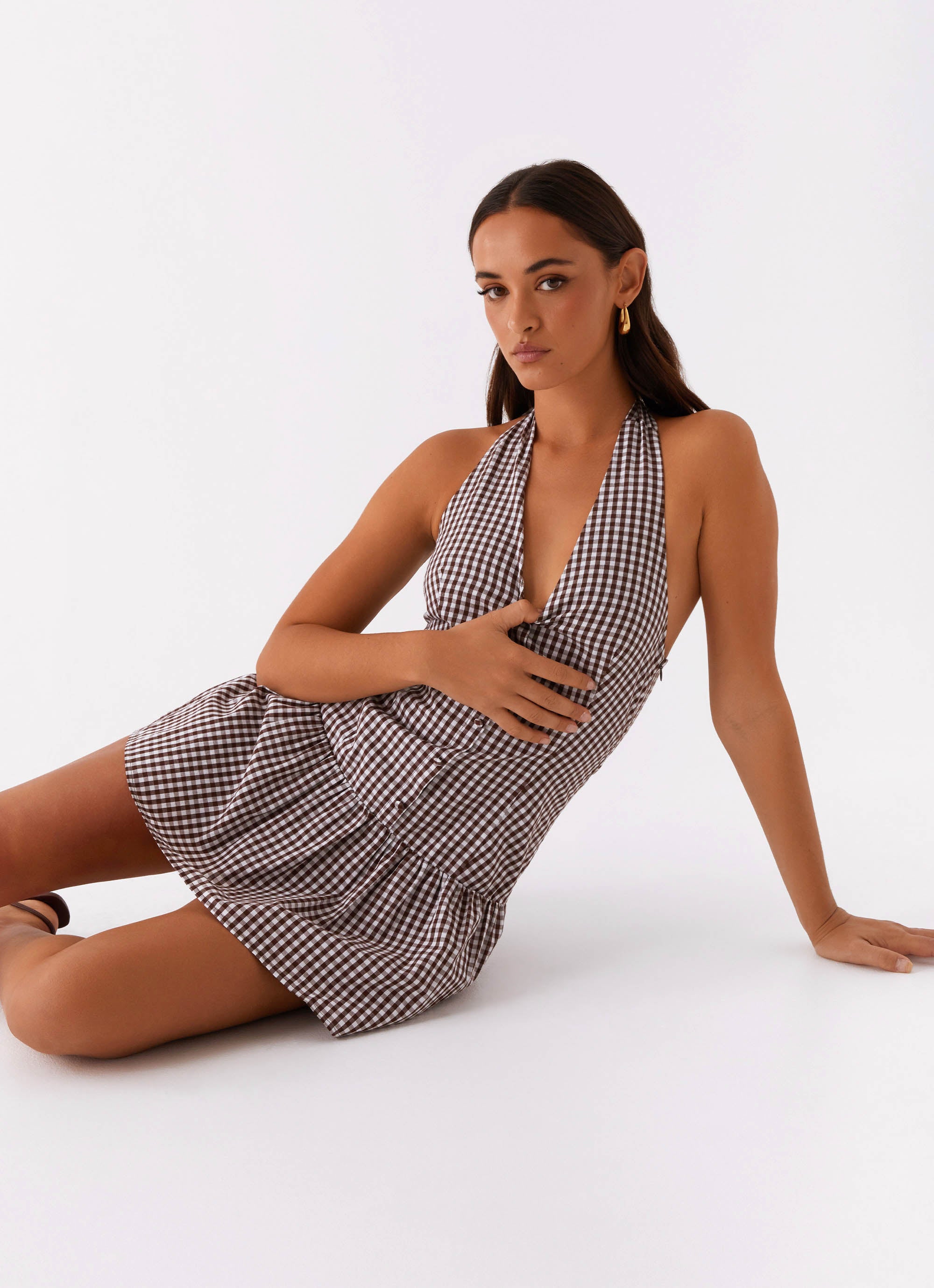 New Look Shirred Halter Mini Dress Chocolate Gingham Peppermayo US