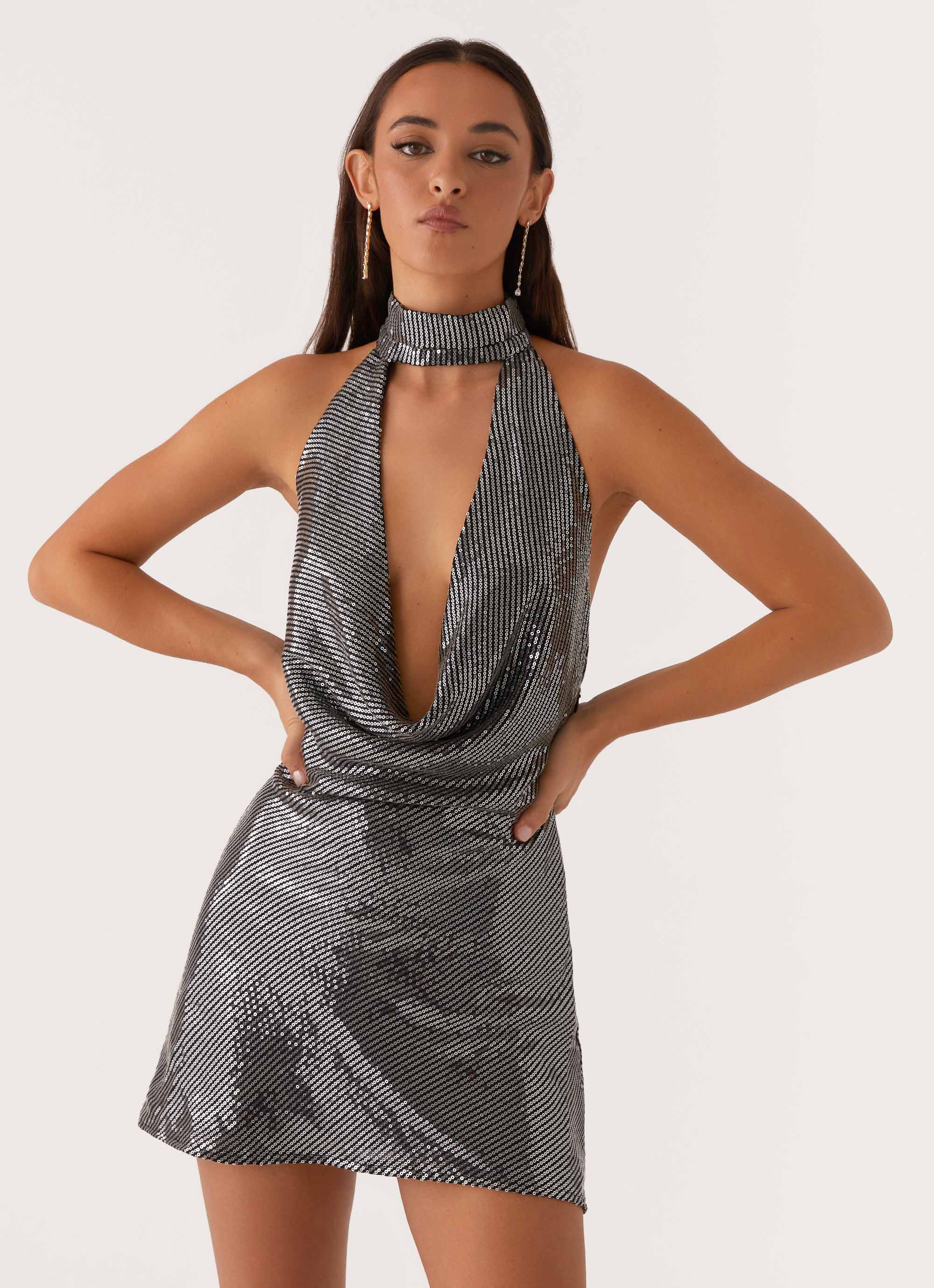 Nora Sequin Cowl Neck Mini Dress - Black Peppermayo US Nora Sequin Cowl Neck Mini Dress - Black Peppermayo US