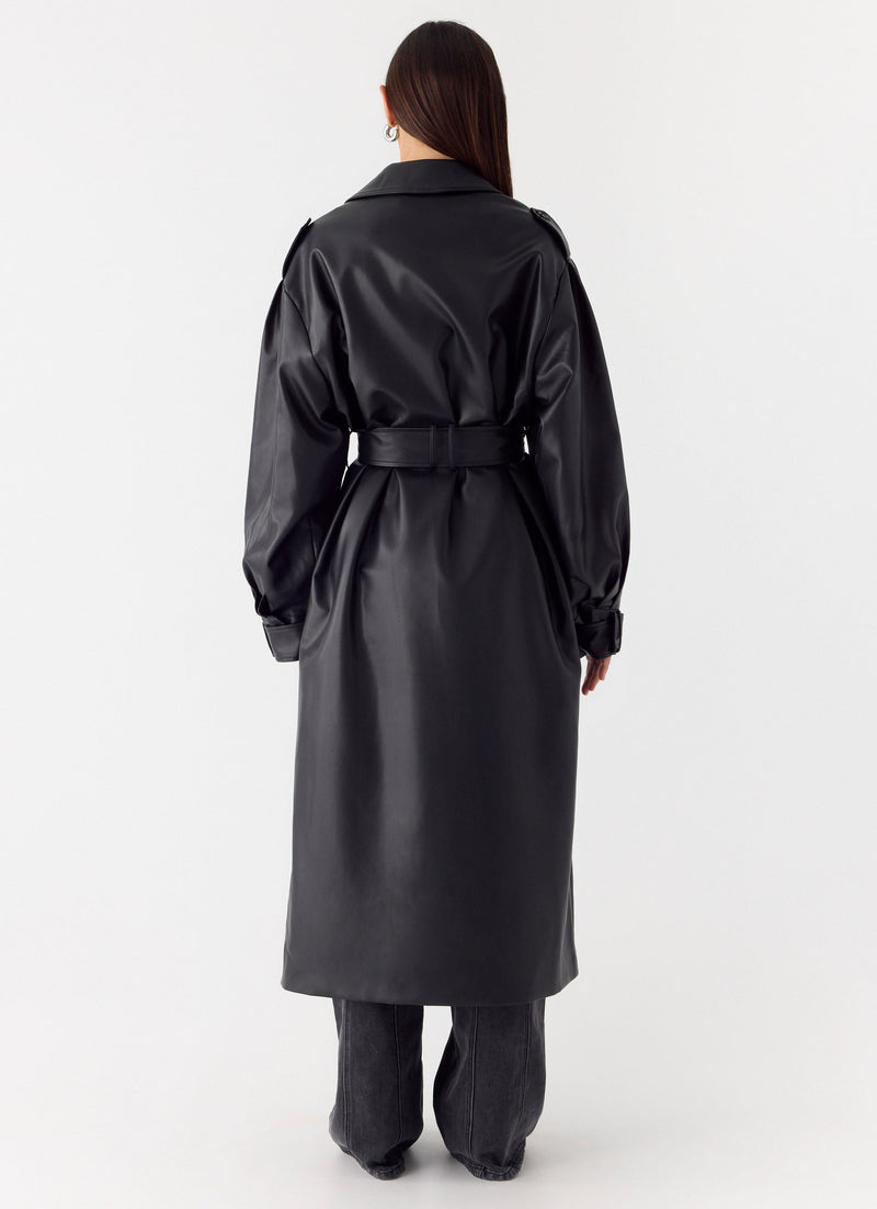 Out On The Town Faux Leather Midi Trench - Black