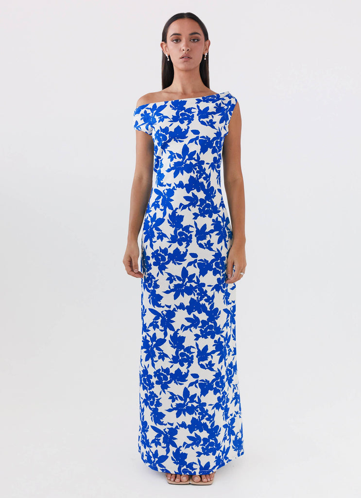 Womens Pyper Off Shoulder Maxi Dress in the colour Blue Floral in front of a light grey background